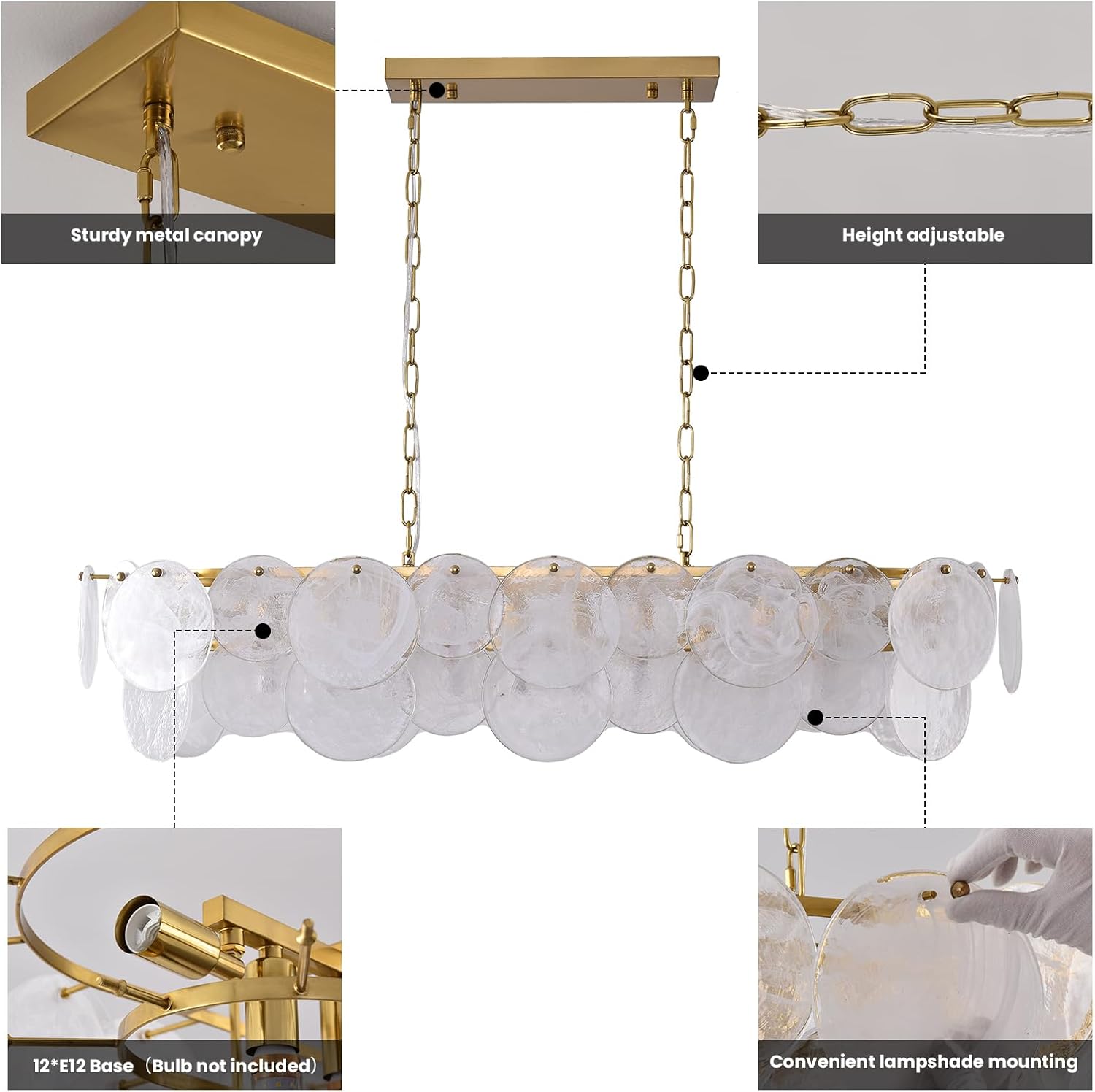 Modern Glass Chandelier, L43.31'' Rectangular Brushed Brass Gold Chandeliers, 12-Light Cloud Pendant Fixture Large Oval Pendant Ceiling Light Fixture for Dining Room, Kitchen Island, E12