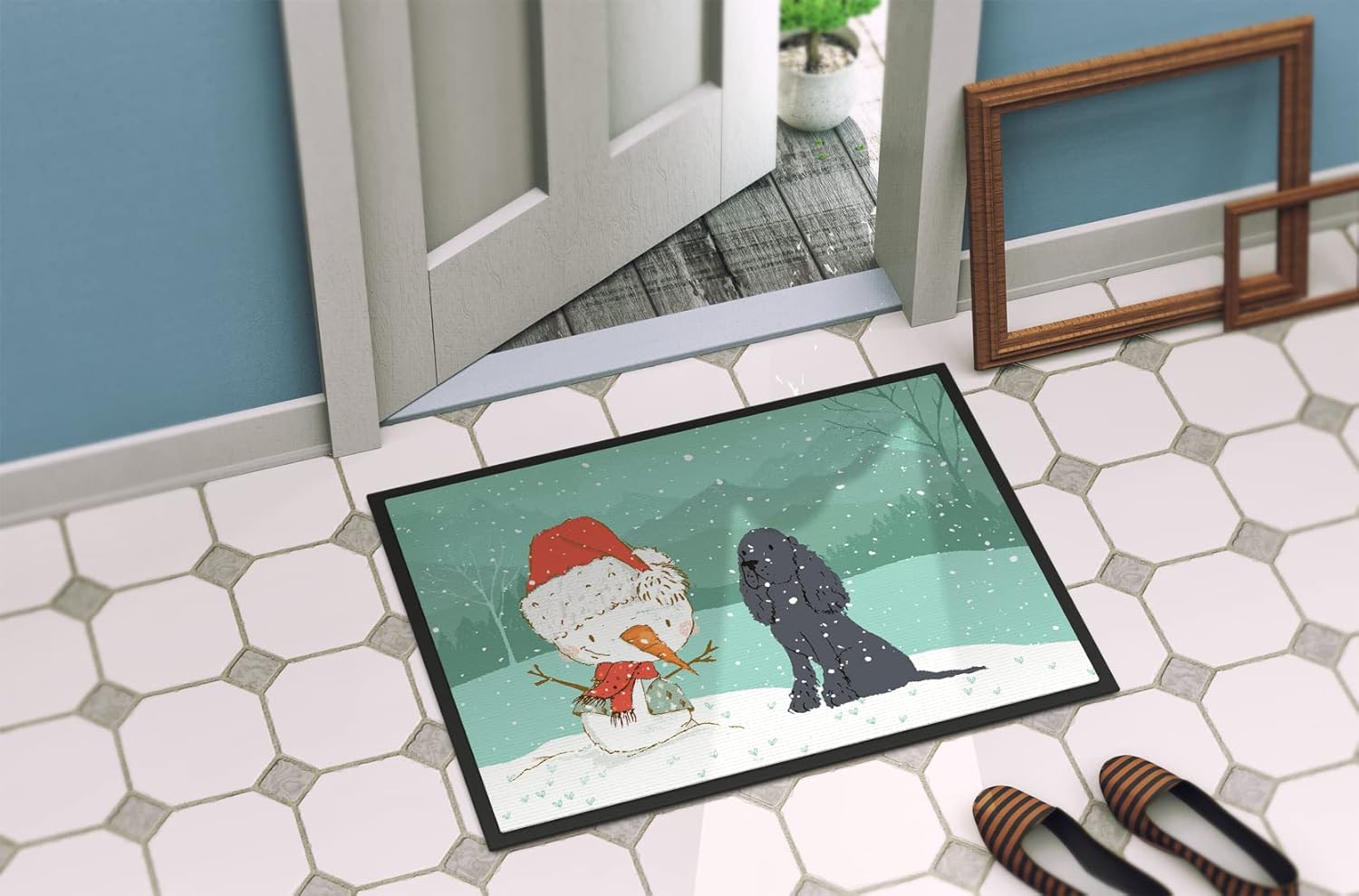Caroline's Treasures CK2070JMAT Black Spaniel Snowman Christmas Doormat 24x36 Front Door Mat Indoor Outdoor Rugs for Entryway, Non Slip Washable Low Pile, 24H X 36W