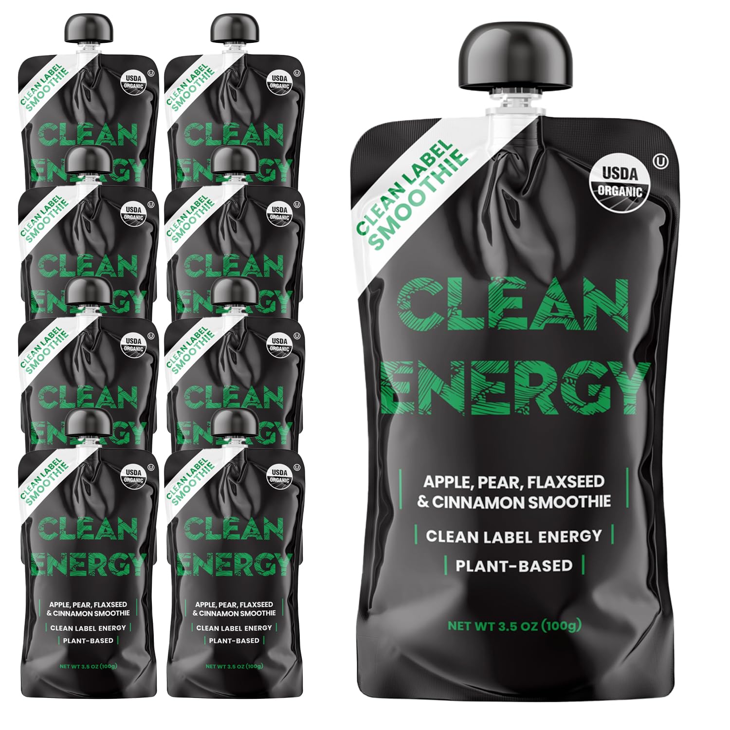 Clean Label Organic Fruit Smoothie Sports Pouches - Healthy Nutrition Drinks, Gluten Free, Caffeine Free, Vegan, Kosher, Convenient Snacks - Apple, Pear, Cinnamon & Flaxseed Smoothie - 8 Pack