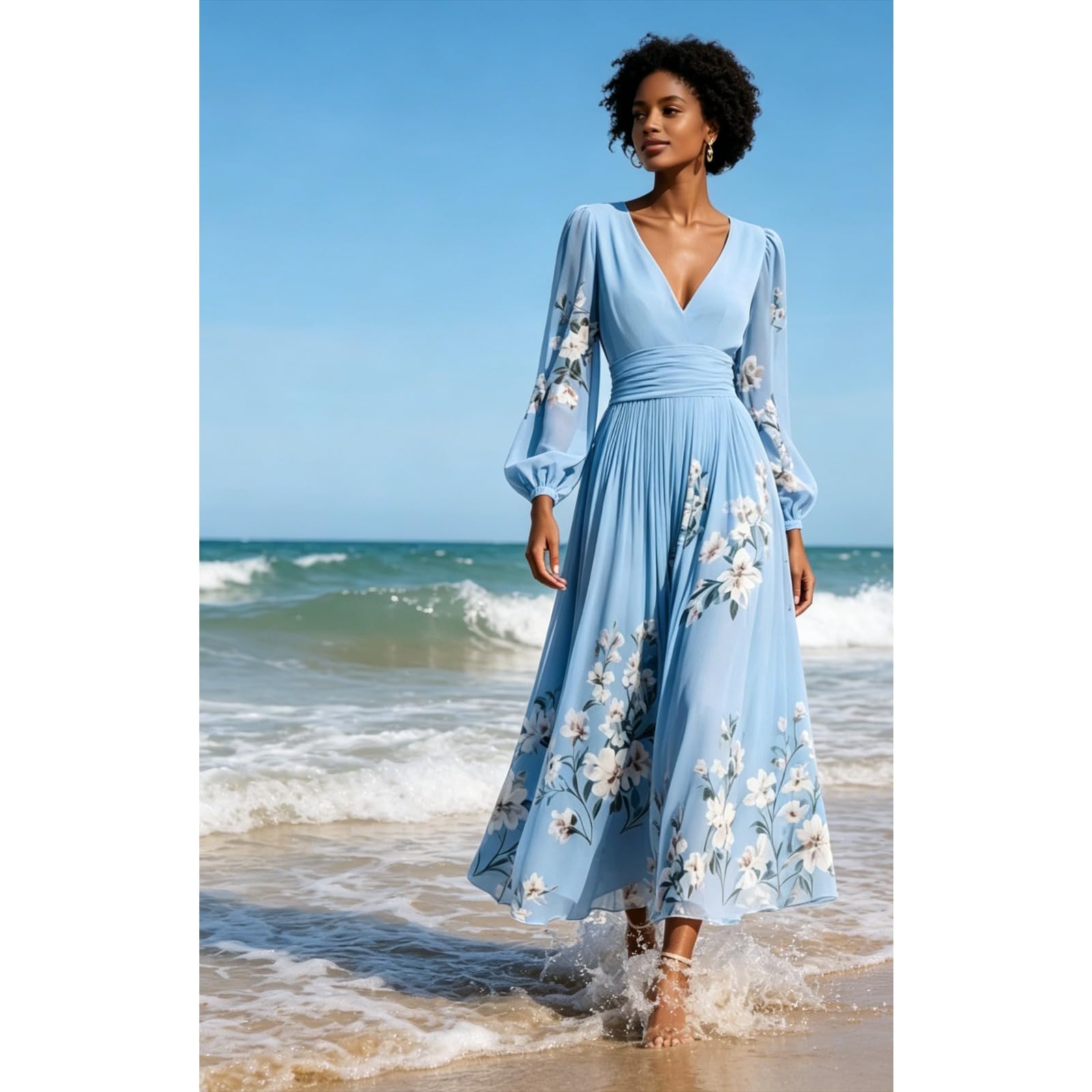 Abito da donna con scollo a V a maniche lunghe stampato a pieghe a vita alta Big Swing A-Line Maxi Abiti Femme Holiday Party