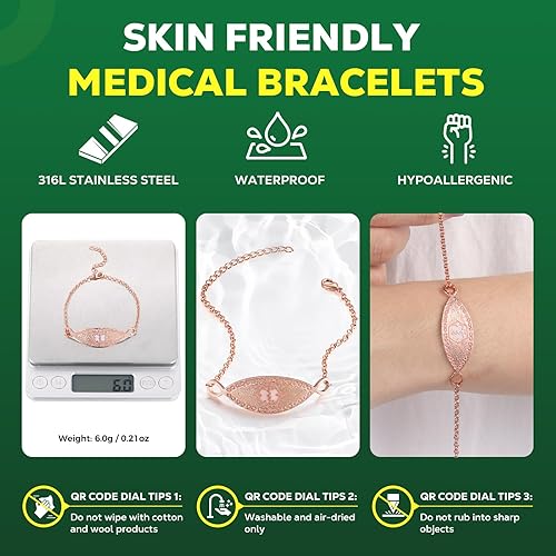 Vista 95 de Pulseras médicas mejoradas para hombres y mujeres con código QR, pulseras de identificación de alerta médica, pulsera de acero de titanio que se