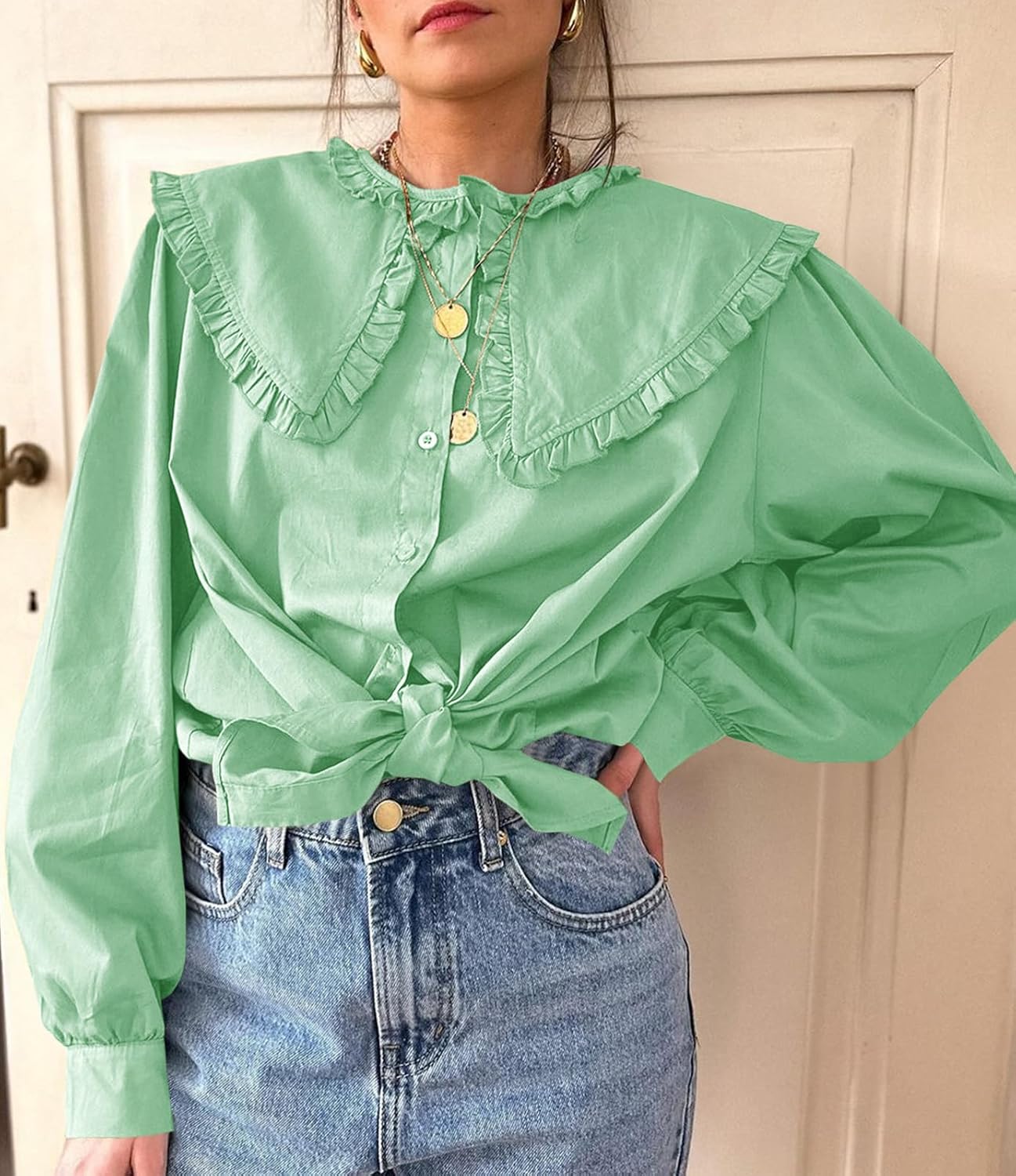 Tankaneo Womens Button Down Shirts Cotton Puff Sleeve Babydoll Blouse Fall Casual Doll Collar Tops - Image 4