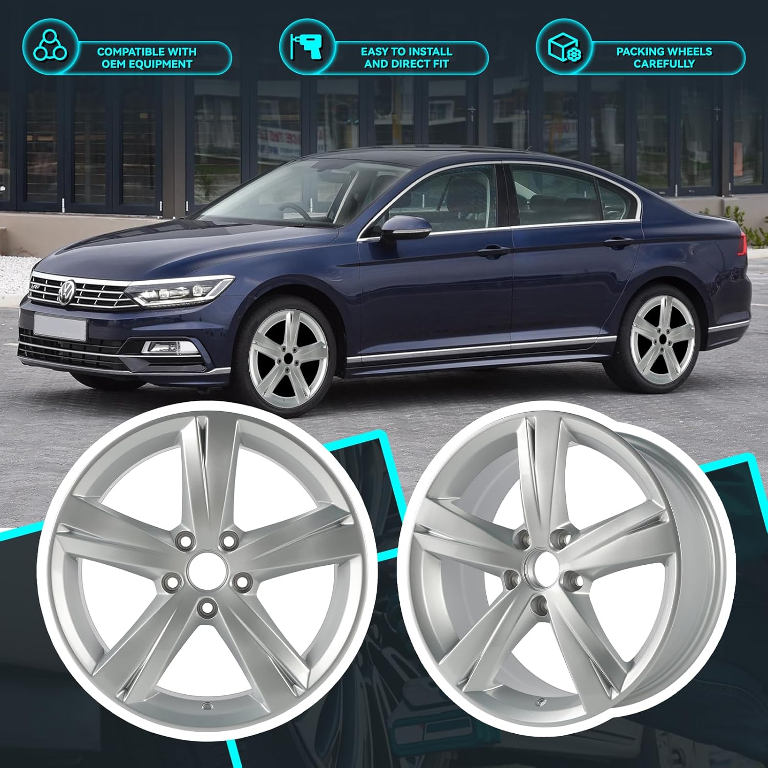 New 17Inch 17x7" Premium Aluminum Alloy Wheel Rims Fit for Volkswagen VW Passat 2012 2013 2014 2015, OEM Design Replacement Rim, ALY69928U20N