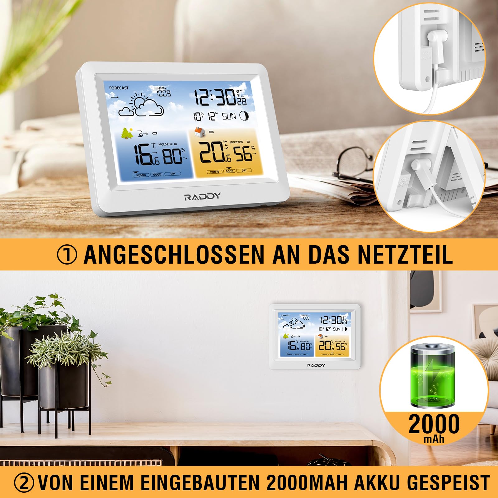 Raddy WM6 Wetterstation funk mit Außensensor Wireless Indoor Outdoor Thermometer Hygrometer Barometer mit eingebautem 2000mAh Akku, DCF-Funkuhr, Wettervorhersage, Schimmelpilzwarnung für Zuhause