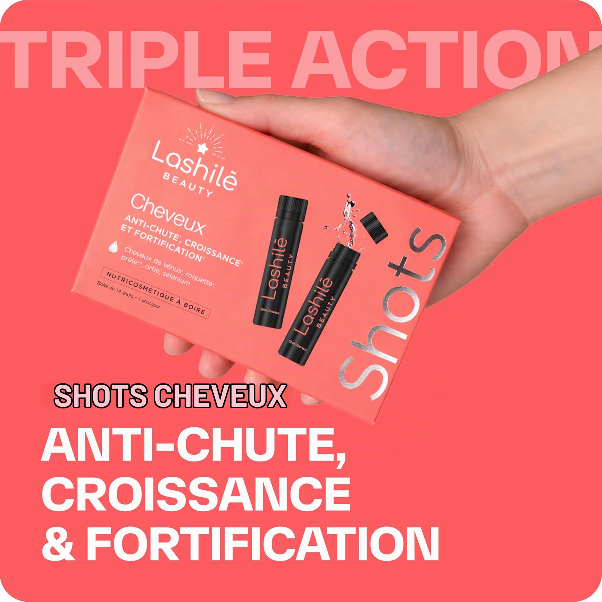 Lashilé Beauty - Complément Alimentaire - Formule 3 en 1 - Anti-chute croissance et fortification - Shots cheveux - Cheveux de vénus roquette prêle sélenium - Made in France - Programme 2 mois