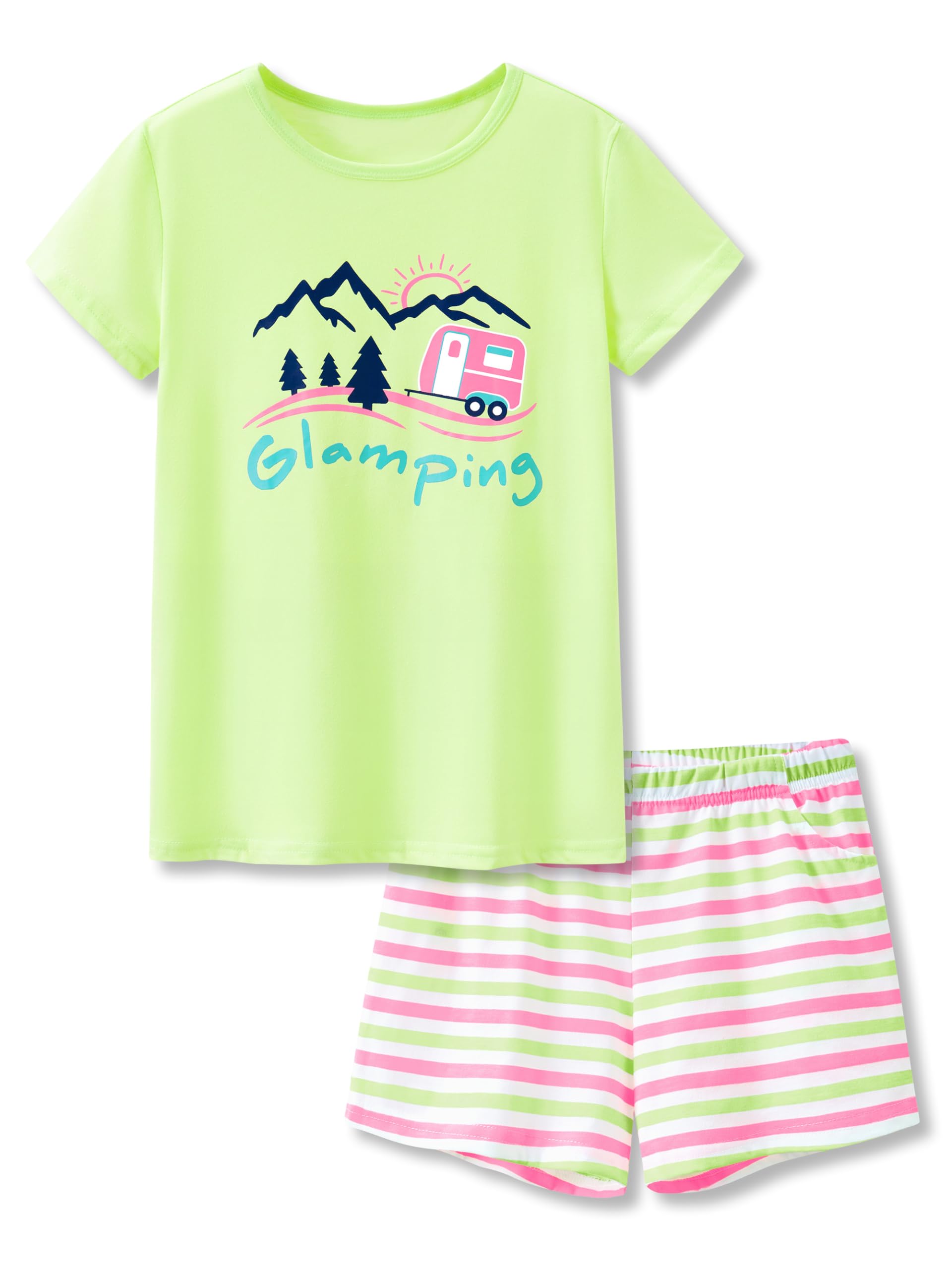 Cozchique Summer Pajamas for Girls – Stripe & Glittering Heart PJS Pal Cute Jammies Set Big Kids Size 4T-18