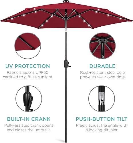 Vista 5 de Best Choice Products - Sombrilla solar de 7.5 pies para exteriores, patio, mesa, mercado, terraza, piscina con inclinación, manivela, luces LED