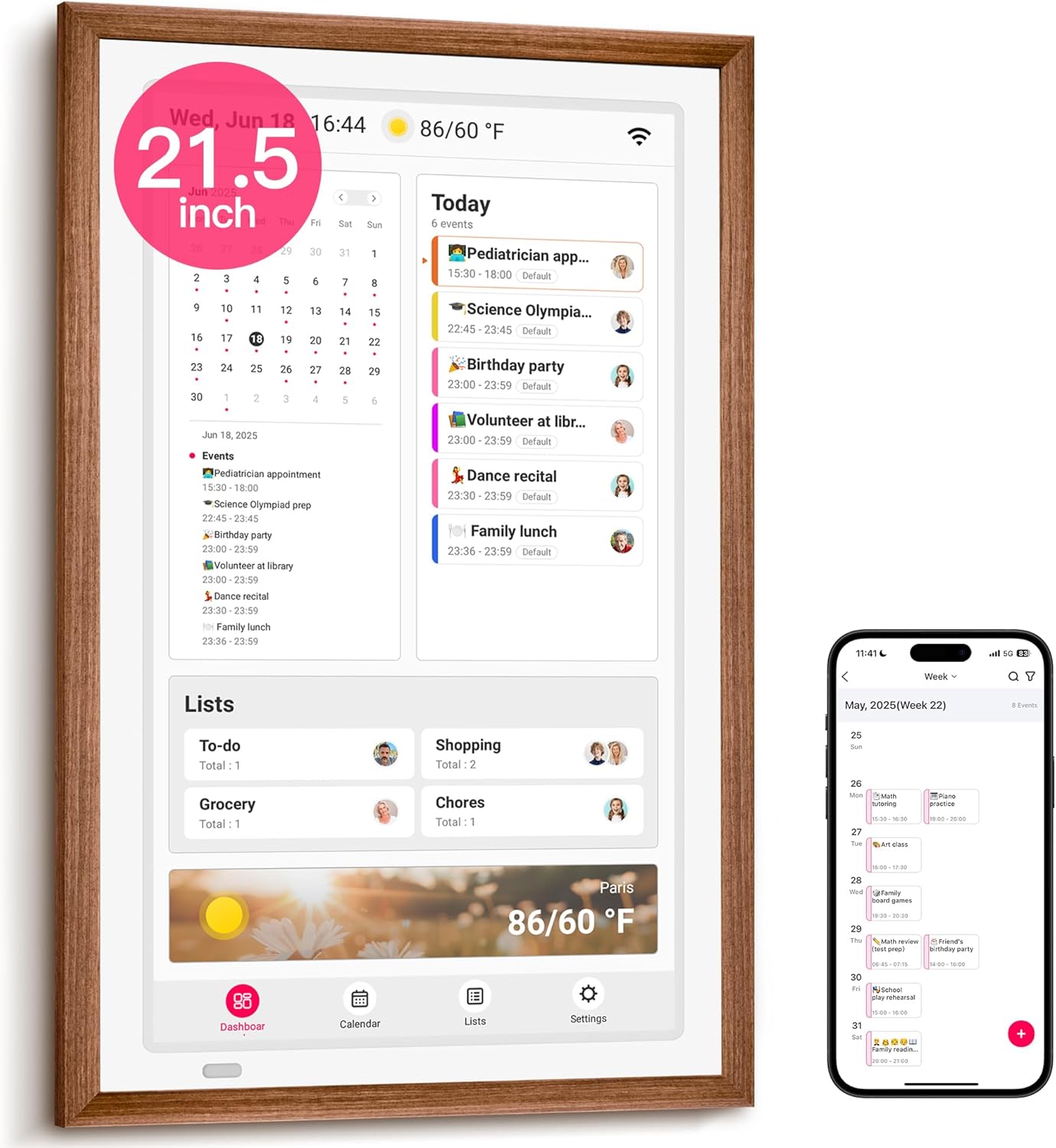 BIGASUO 21.5" Digital Calendar, Smart Touchscreen Interactive Display, Electronic Organizer for Monthly, Weekly & Daily Agenda, Chore Chart, Meal Planner, To Do List, Family Schedules, Picture Frame