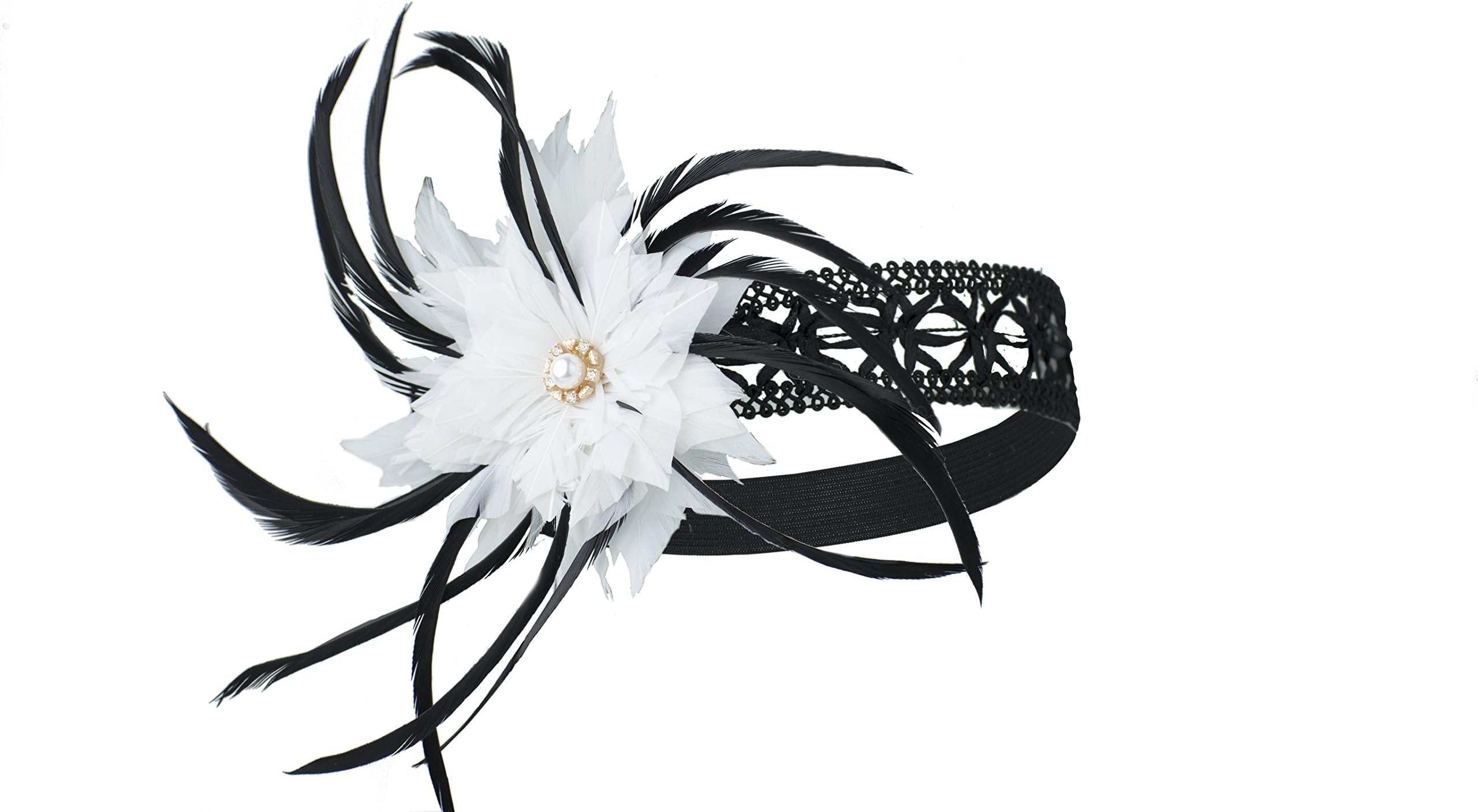 CONIFERA Headband Elastic 1920s Hollow White Black Feather Flower with Crystal Glass Stone for Women