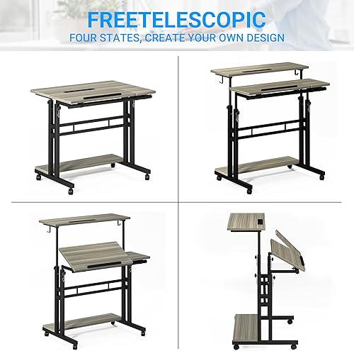 Vista 17 de Escritorio móvil de pie, escritorio ajustable para computadora con 3 escritorios, mesa portátil para laptop con soporte para tazas, estación