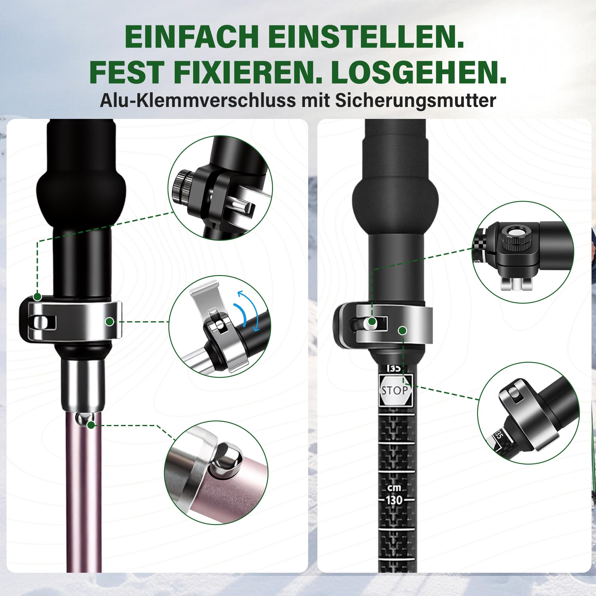 Wanderstöcke faltbar 2er Set, 35 cm, 3K Carbon-Alu | 35 cm Faltmaß; 110–135 cm; 3K Carbon + 7050 Alu; Kork + EVA; Grau für Trekking & Bergwege