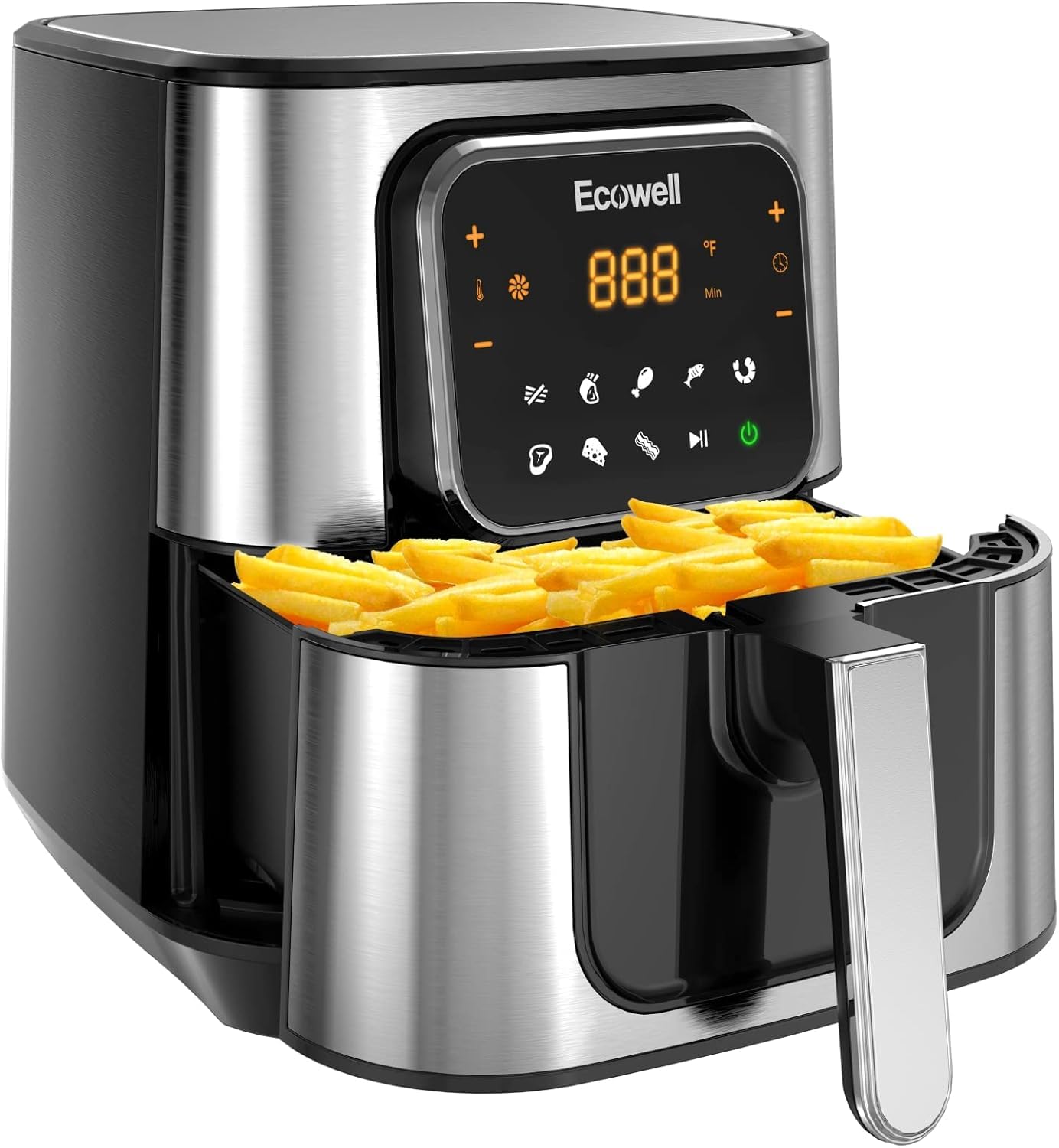 ECOWELL Air Fryer Compact Large 6 Quart Stainless Steel Air Fryer 8 Food Presets Touch Screen BPA-Free Up