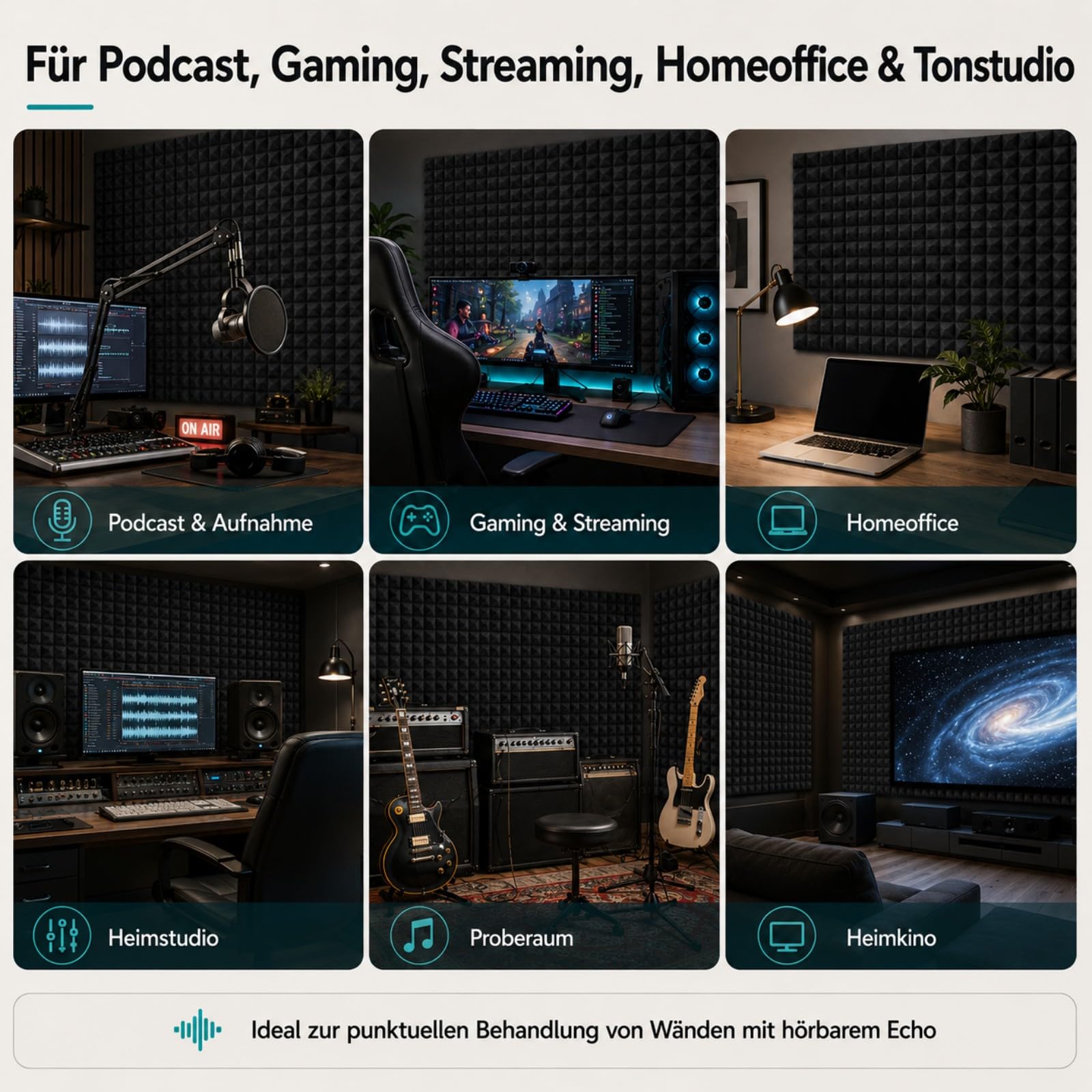 Fiqops 96 paneles acústicos autoadhesivos de espuma acústica 5 x 30 x 30 cm, aislamiento acústico de pared para reducir el eco, protección acústica para estudio de grabación, decoración de juegos,
