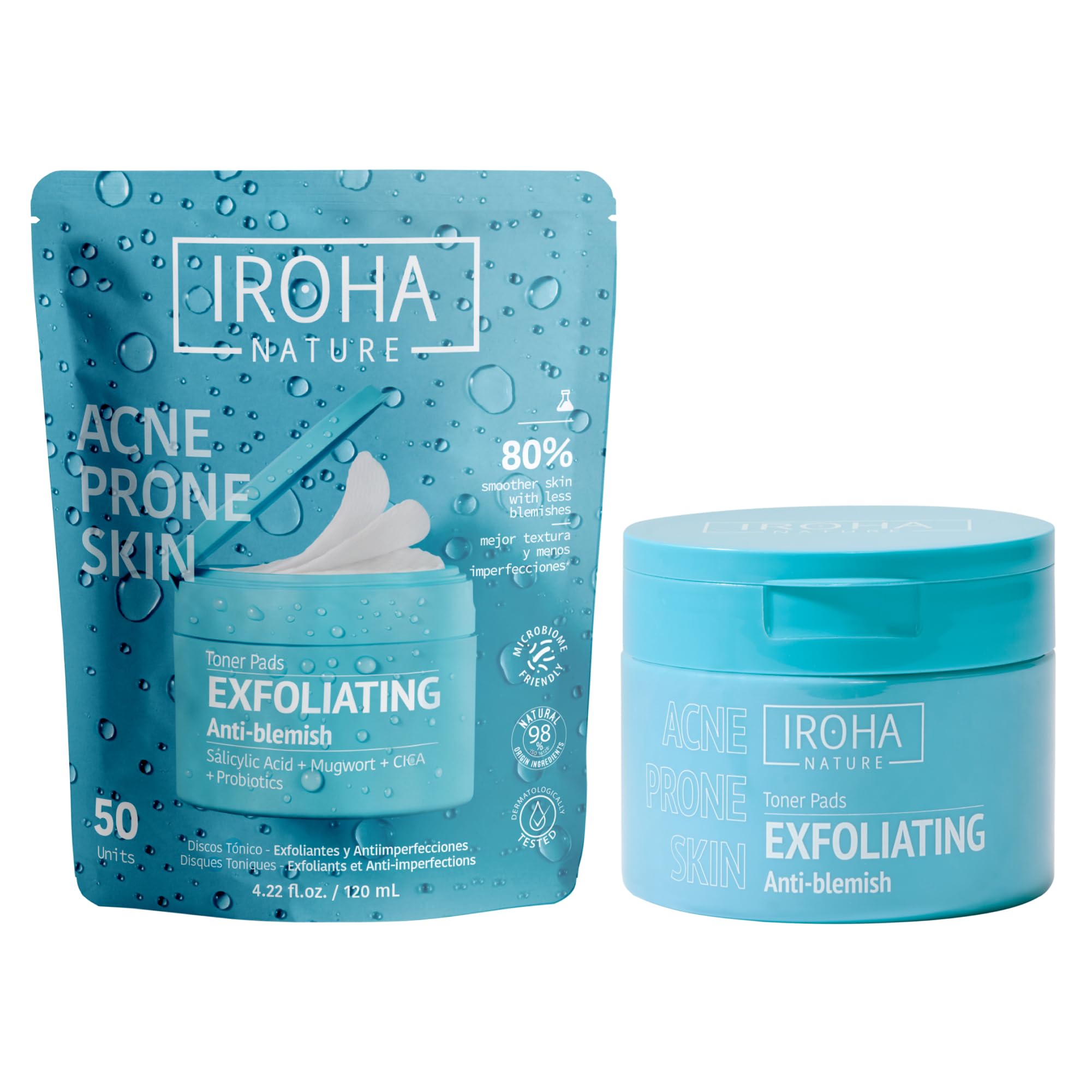 Iroha Nature - Dischi Tonici Esfolianti con Acido Salicilico e Probiotici | Per pelle acneica | Riduce imperfezioni | 50 dischi biodegradabili