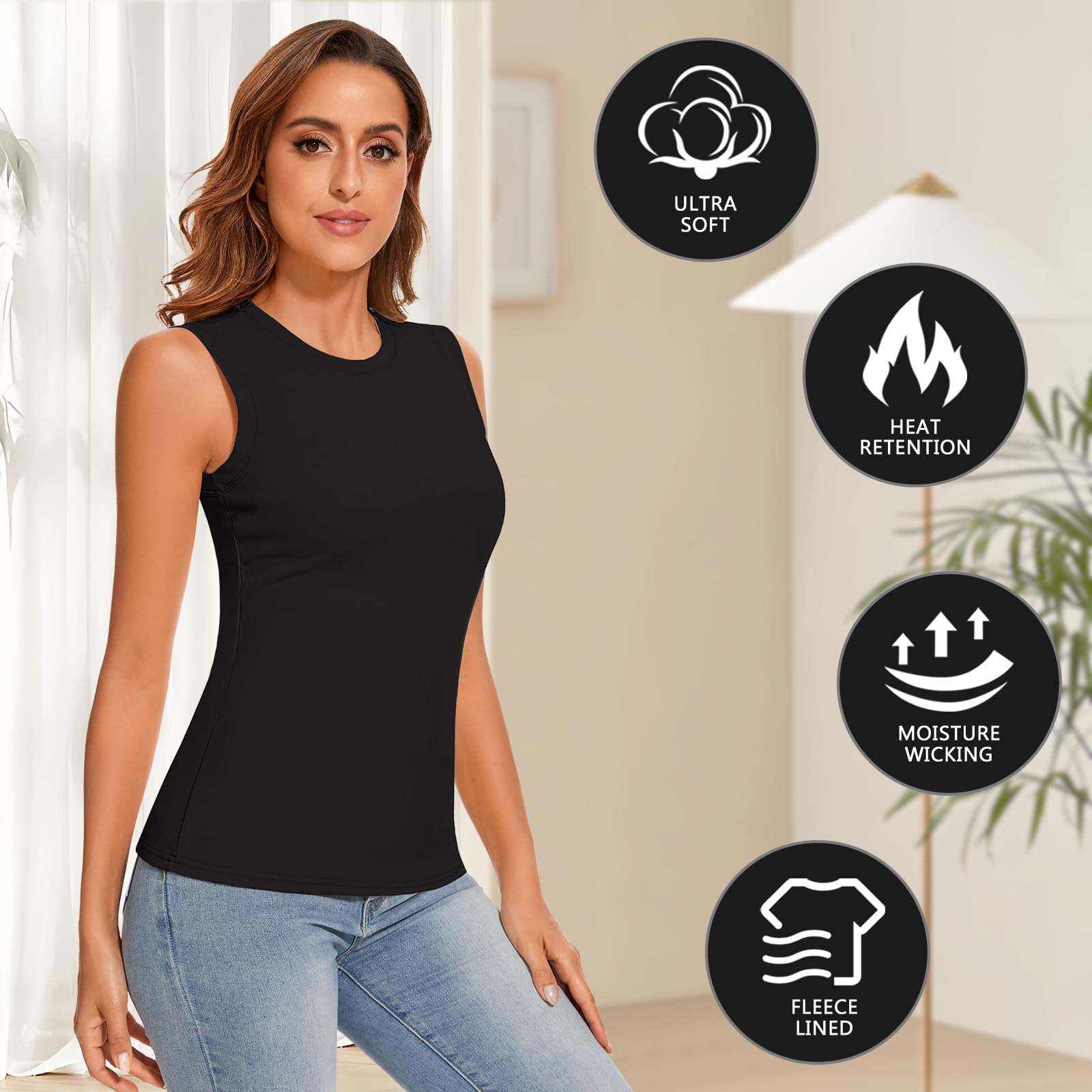 WOWENY Maillot de corps thermique pour femme - Sans manches - Chaud - En polaire - Col rond - Sous-vêtements thermiques - Confortable - Doux - Couche de base pour l'hiver