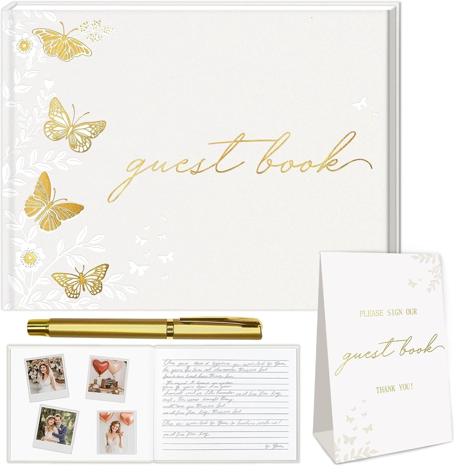 Wedding Guest Book, Personalised Polaroid Guests Book for Sign 23x18cm 112 Page Lined & Blank Bridal Shower Party Includes Signature Card Signing Pen & Photo Corners（Butterflies）