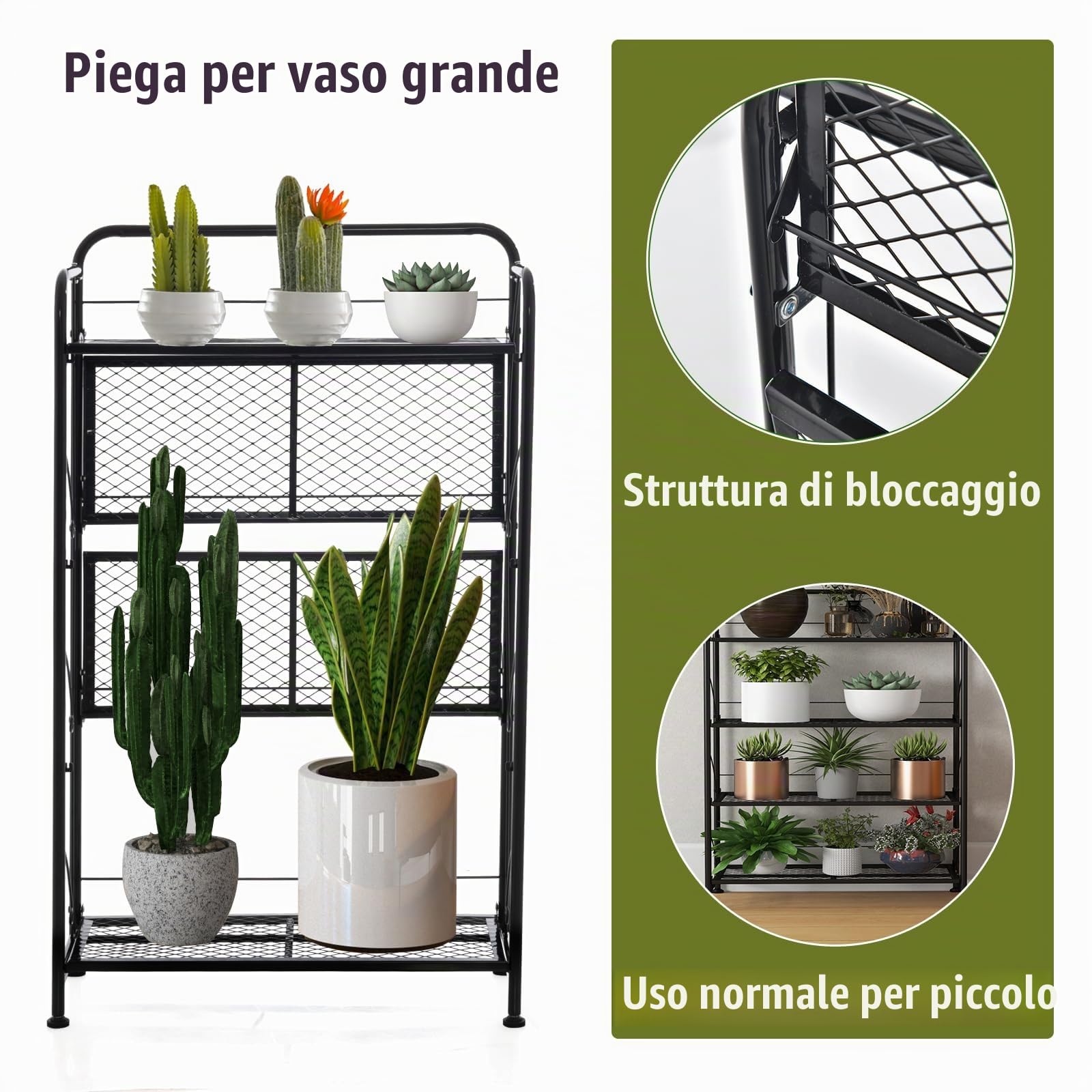 HOMASIS Scaffale per Piante a 4 Ripiani, Portavaso Pieghevole, Porta Piante Fioriere in Metallo, Scaffale Multiuso e Alzato per Balcone, Giardino, Senza Installazione, 60 x 25 x 100 cm, Nero