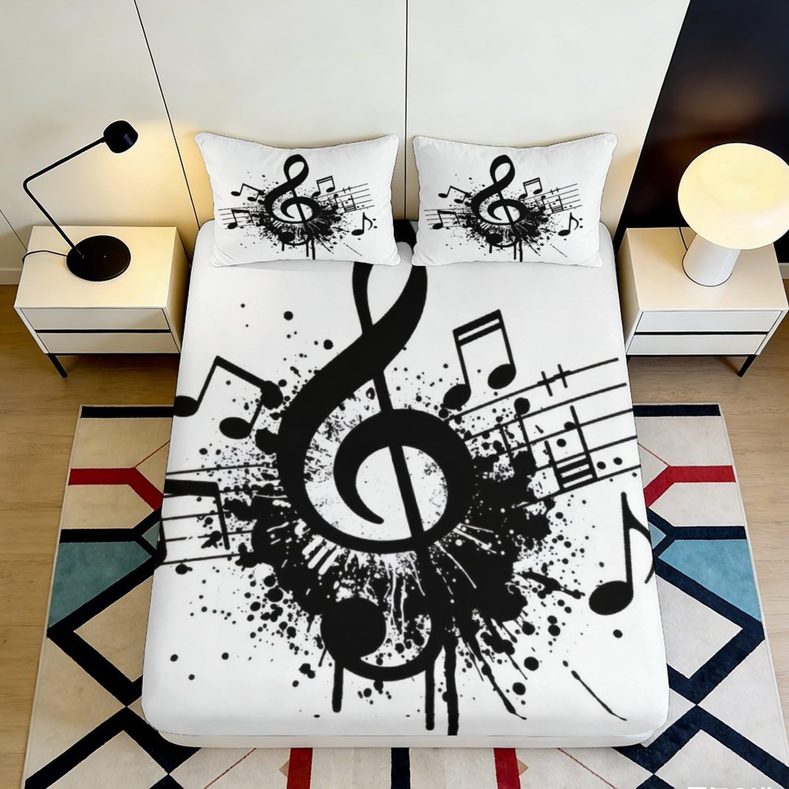 3D Printed Musical Notes Fitted Sheet Microfiber Soft Breathable Music Symbols Bed Cover for Bedroom Dormitory Guest Room Mattress Protection Decor 180x200x25cm