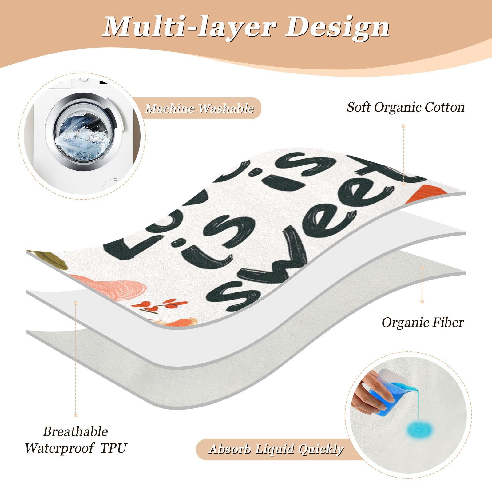 Extra Large Resuable Changing Pad Covers Highly Absorbent Bed Wetting Sheet Anti-Lip Diaper Pads for Infant Toddler 52x34in Valentines Day Floral Leaves Gnome Love is Sweet