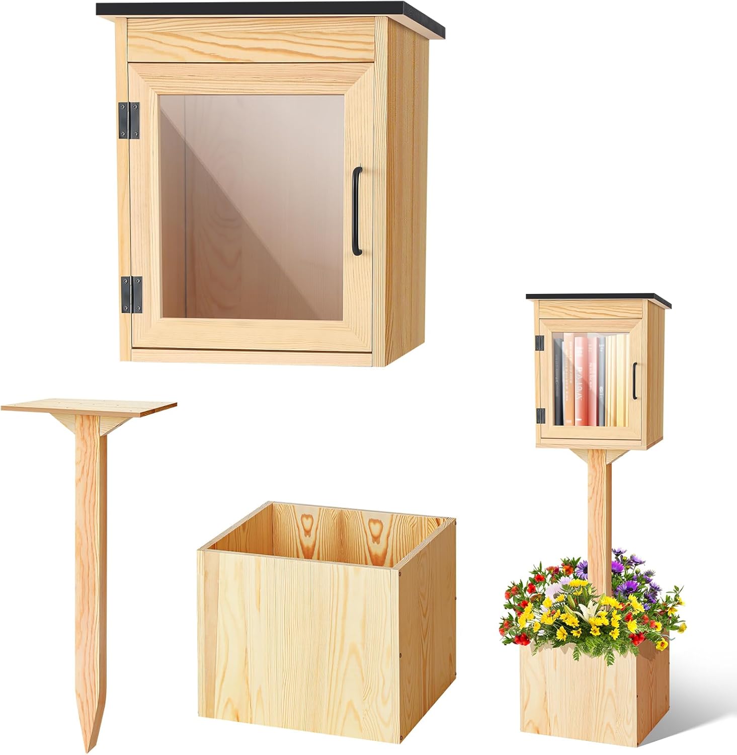 Wooden Little Library Box Outdoor Free Library, Single Little Library Outdoor Box Storage with Floor Plugs and Small Flower Fence for DIY Neighborhoods, Community, Literature, Newspapers