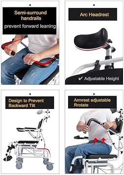 4-In-1 Shower Commode Wheelchairs, Multifunction Tilt-in-Space Chair Shower Mobile Chair, Flip-Up Arm And Foot Rests, Adjustable Height Padded and Headrest, for Handicapped and Elderly