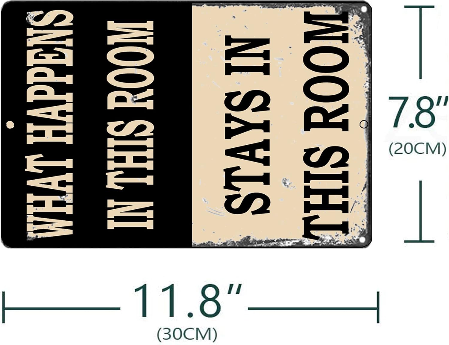 Letrero de metal con texto en inglés What Happens in This Room Stays in