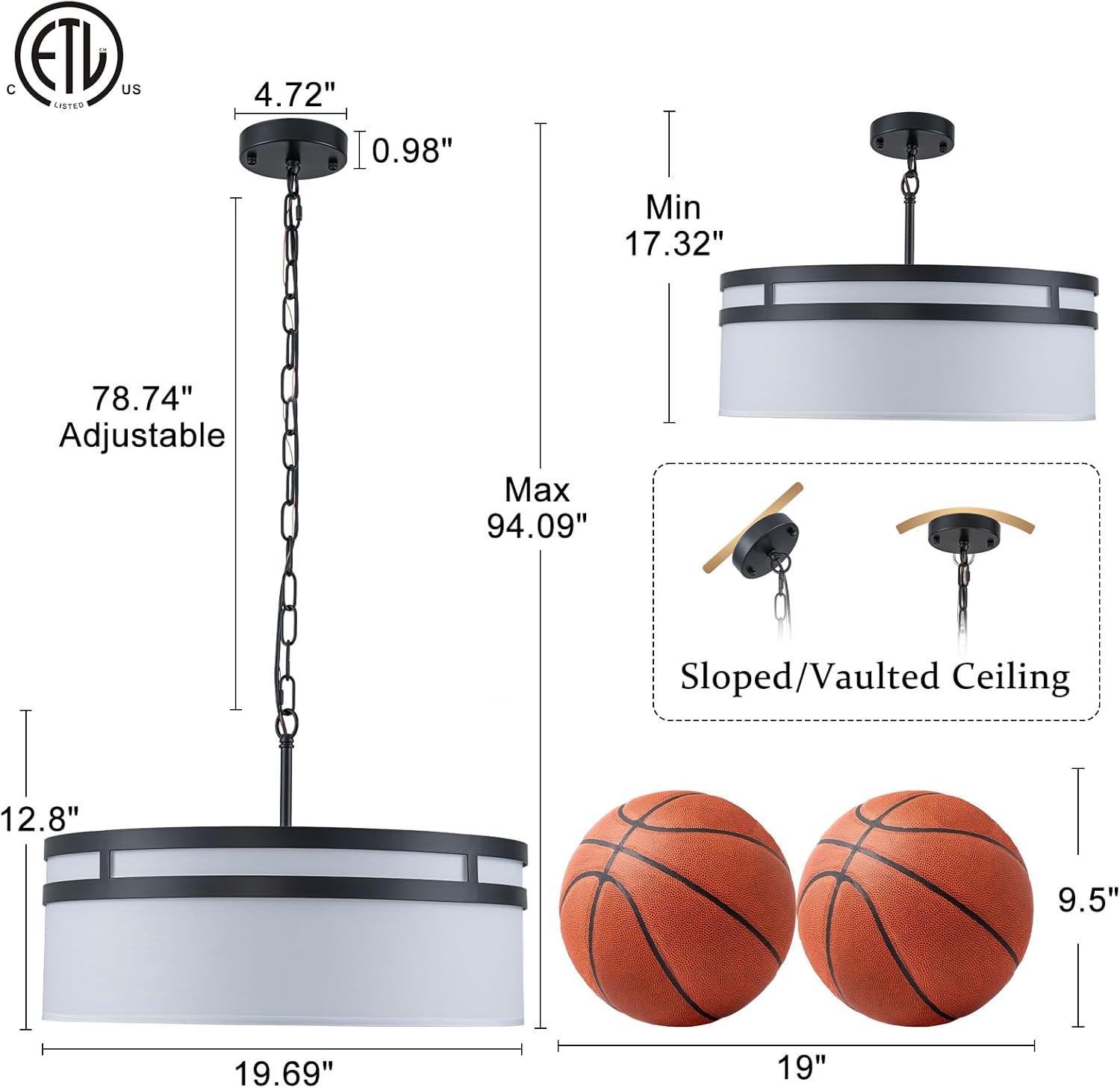 Modern Drum Chandelier 19.69" Black Dining Room Light Fixture with White Linen Shade Farmhouse Pendant Lights Round Kitchen Chandeliers over Table Ceiling Hanging Light for Entryway Foyer Bedroom E12