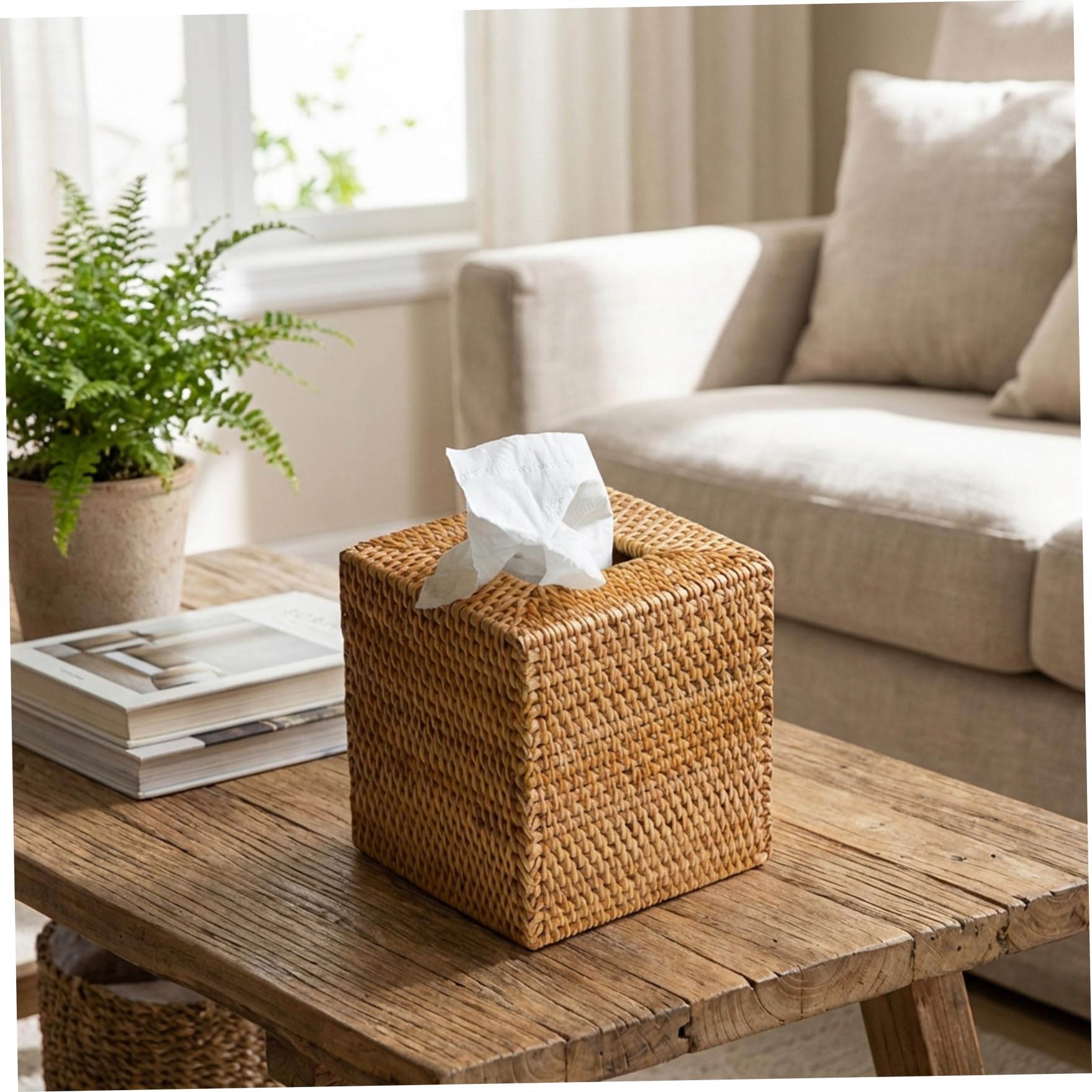Rattan Tissue Box Cover, 6in Handwoven Wicker Tissue Box Holder Natural Boho Decor for Living Room, Bedroom, Bathroom, Guest Room Essentials, Ornaments extérieurs