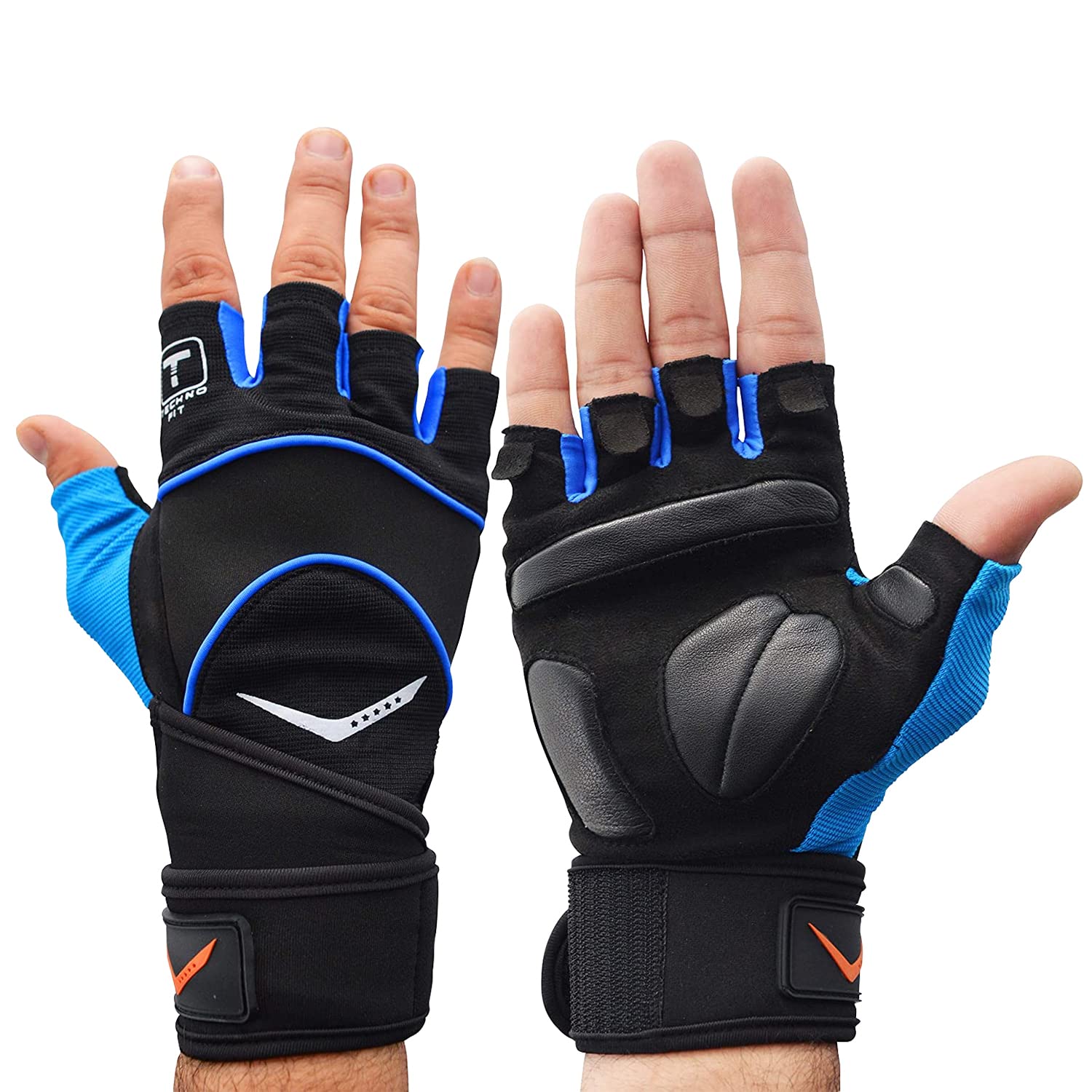 Vicky Transform Elite Gym Gloves Reinforced Leather Palm Wrist Support Full Palm Protection Weightlifting Training Fitness for Men & Boys (M, Blue/Black)