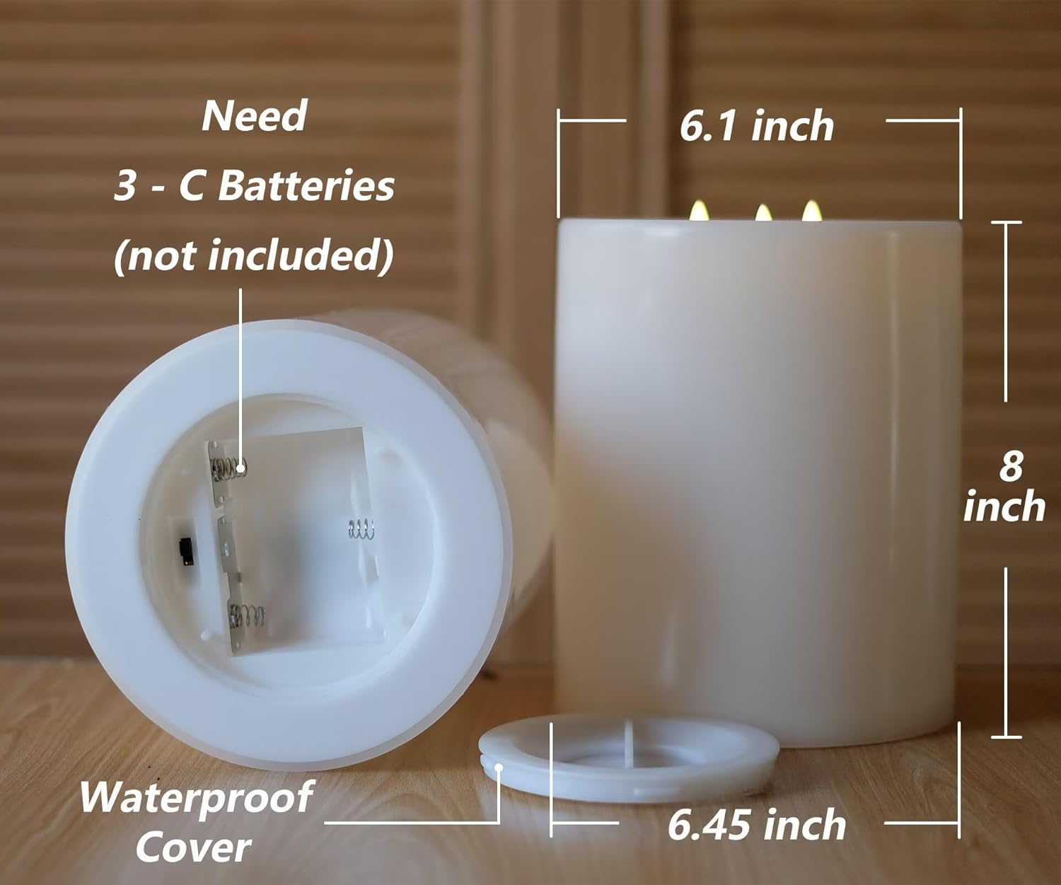 Outdoor XL 6.45" x 8" Large Flameless Candles with Remote, Rainproof Waterproof, LED Battery Operated, Flickering Pillar CANDLES, Need 3-C Batteries (Not Included)