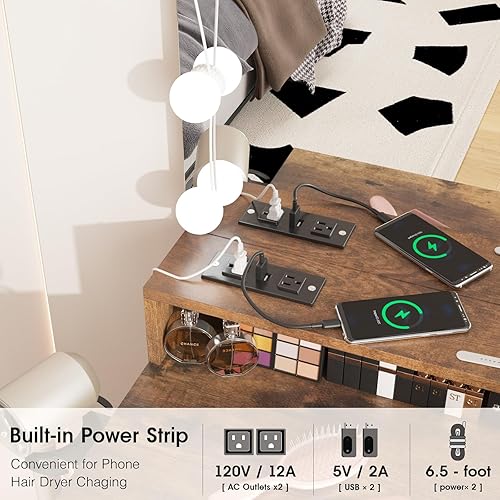 Miniatura 5 de Fameill Mesa de tocador de maquillaje con espejo iluminado y estación de carga, juego de tocador marrón rústico con 3 modos de iluminación, brillo