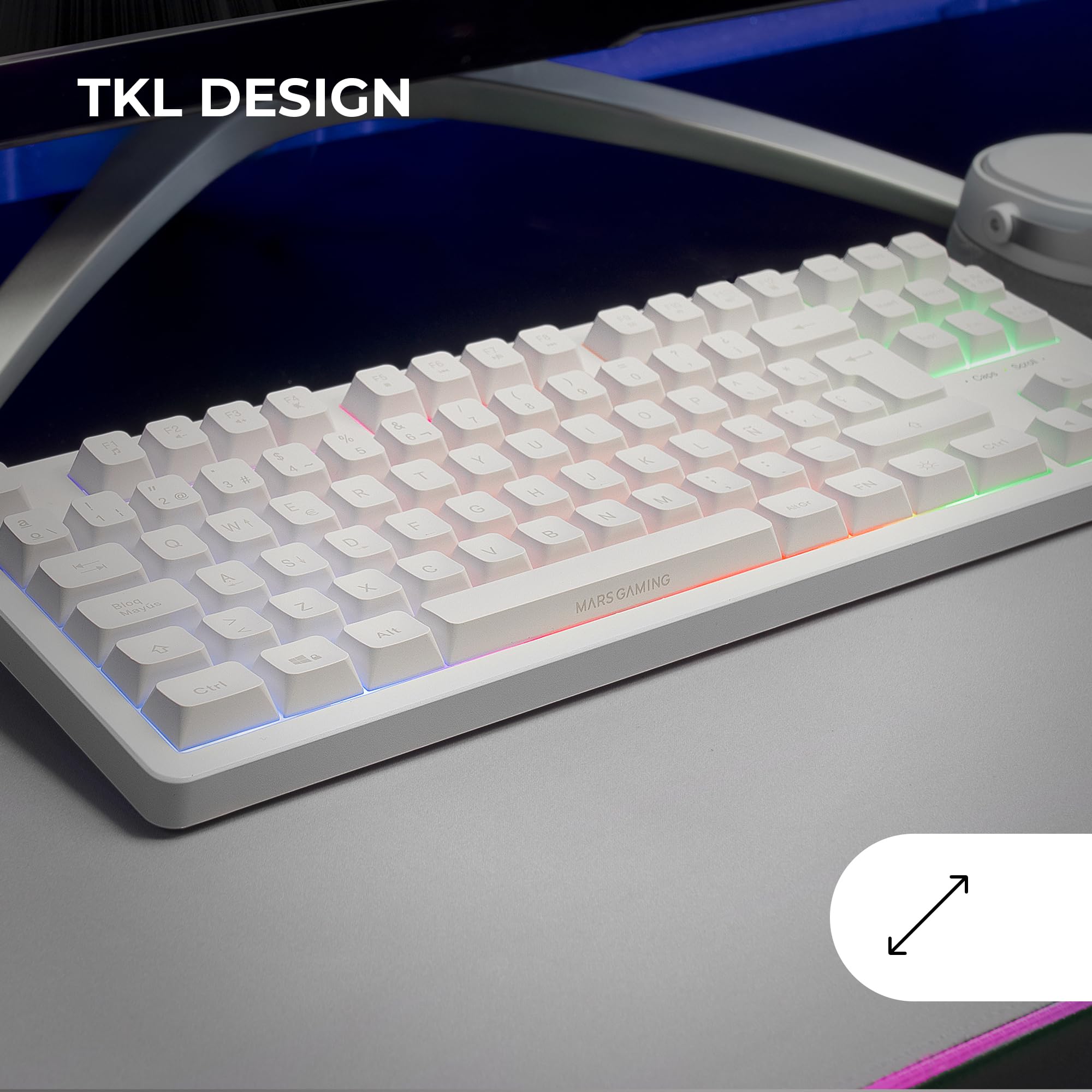 Mars Gaming MK023, Idioma Español, Teclado Gaming TKL, Tecnología Híbrida H-Mech, Iluminación FRGB Rainbow, Anti-ghosting, Compatibilidad Universal, Blanco