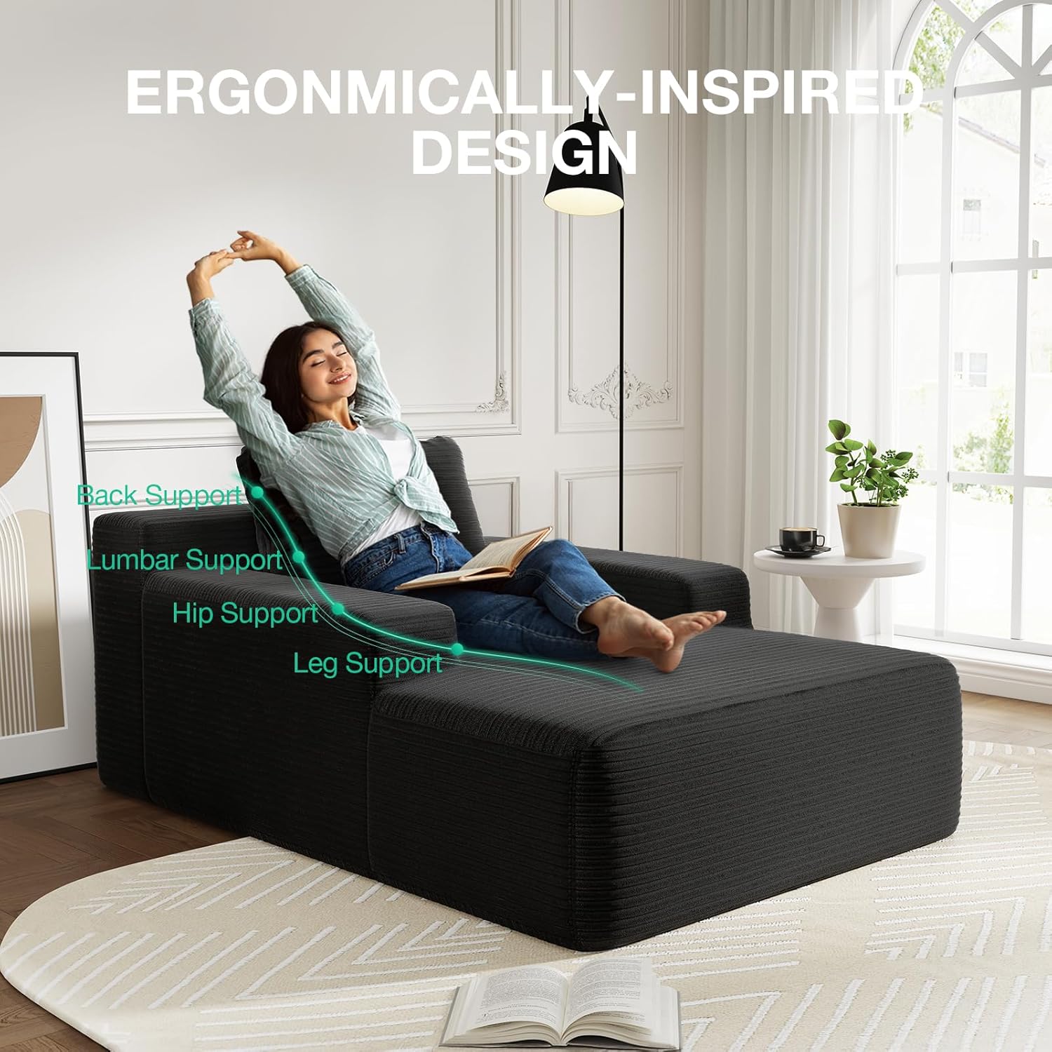 Novilla Oversized Chaise Lounge Indoor, Corduroy Cloud Couch Boneless Chaise Lounge Chair Indoor Deep Seat Reading Chair, 66‘’L x 46‘’W Boneless Couches for Living Room, No Assembly Required, Black