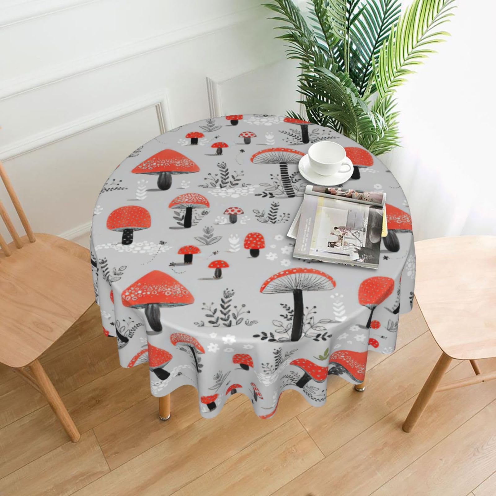 Uusnwaa Cartoon Mushrooms Print Round Tablecloth 60 Inch, Stain Wrinkle Resistant Washable Polyester Table Cover For Kitchen Party