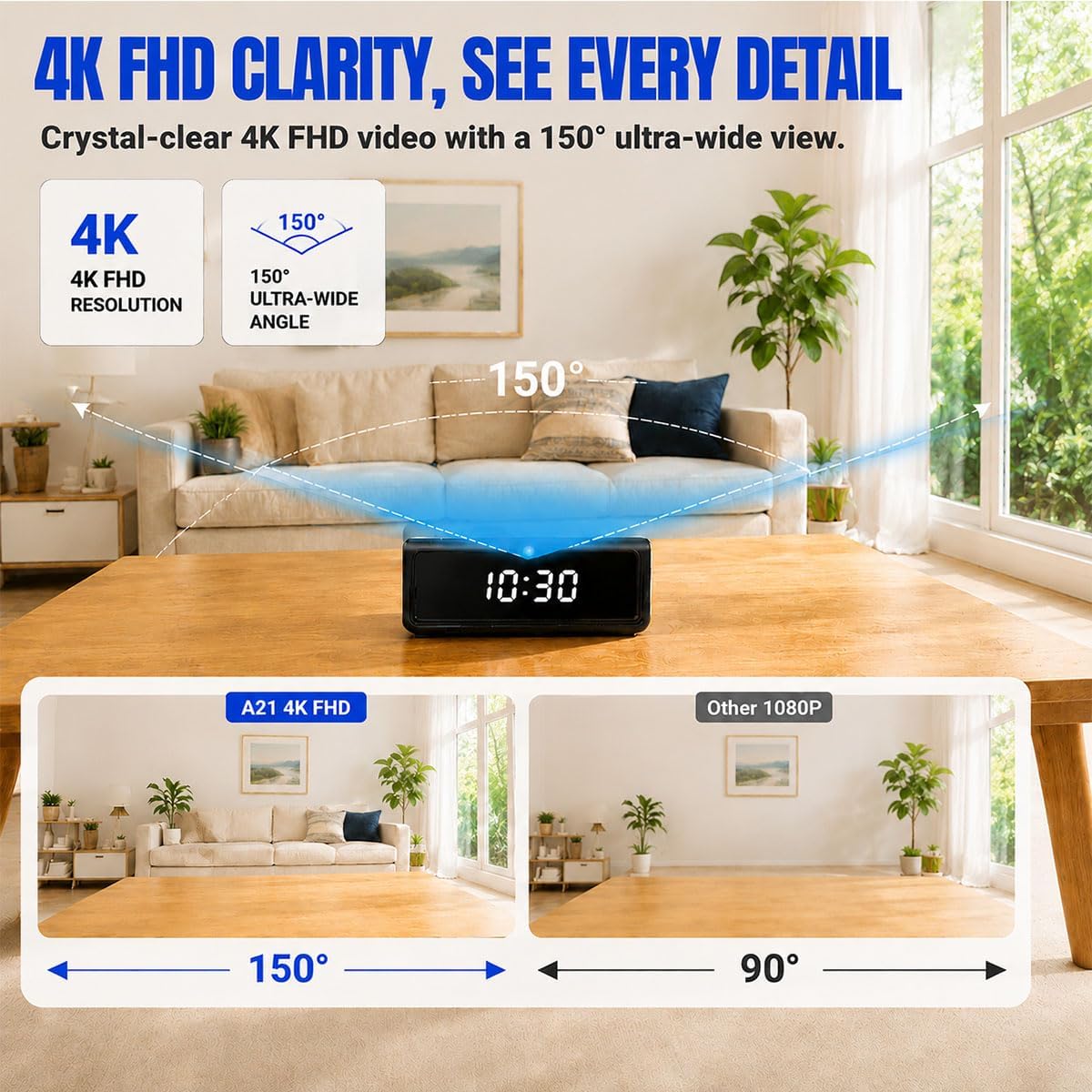 A21 4K Indoor Security Camera, Smart Clock Hidden Camera with 150° Wide Angle, 5G WiFi Remote Monitoring for Baby, Pet & Home Security, Motion Alerts, IR Night Vision, Local Storage up to 256GB