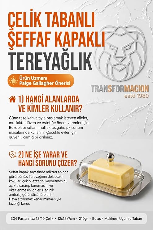 Transformacion Çelik Tabanlı Şeffaf Akrilik Kapaklı Dikdörtgen Tereyağlık Peynir Saklama Kabı Kahvaltı Sunum Tabağı 304 Paslanmaz 723503