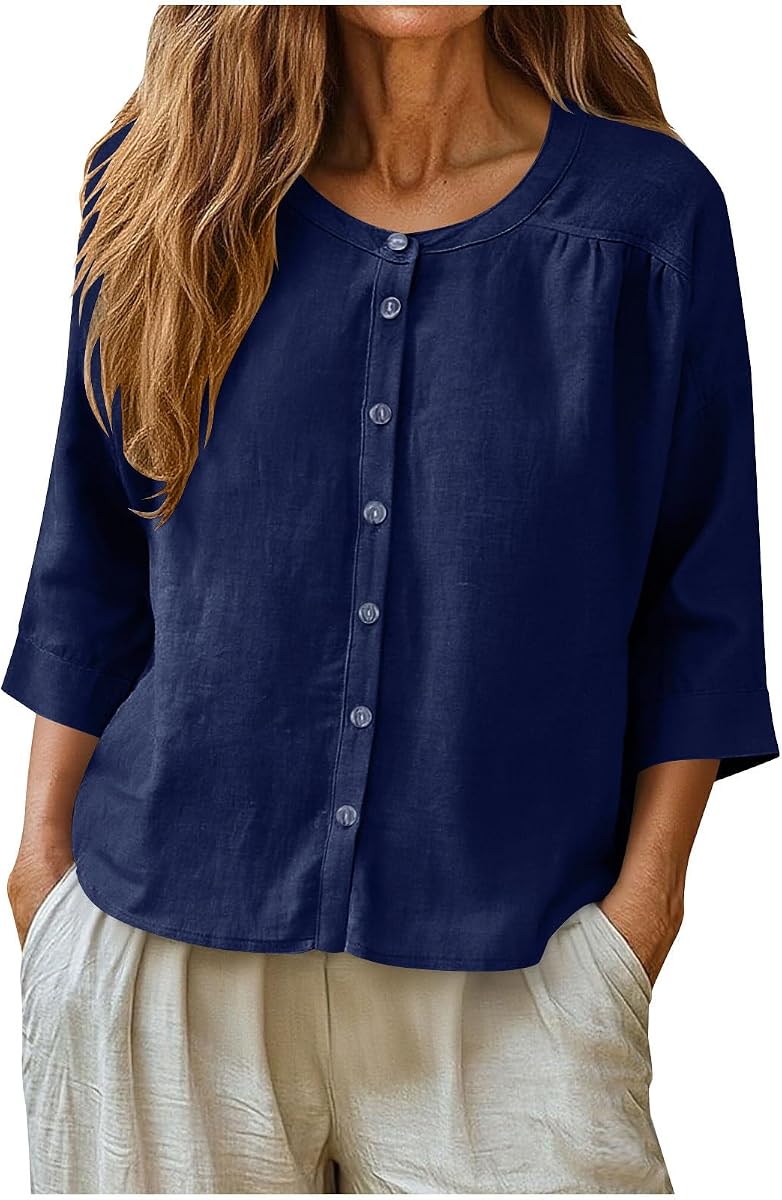 3/4 Length Sleeve Womens Tops Cotton Linen Button Down Crew Neck T Shirts Summer Casual Three Quarter Sleeve Tops