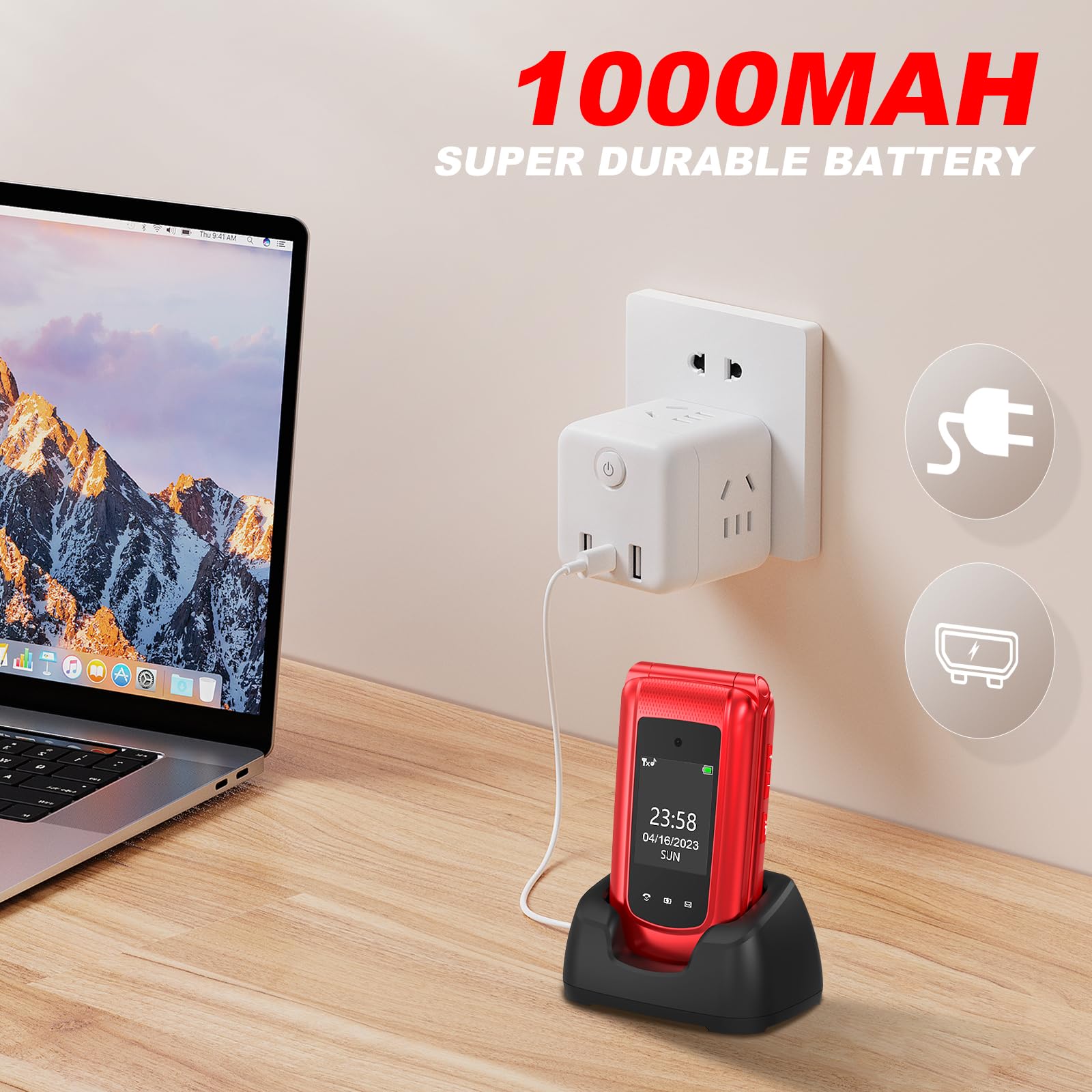 Telefono Movil para Mayores Libre, gsm Teléfono Móvil Plegable para Personas Mayores con Teclas Grandes, SOS Botón, Doble Pantalla de 2,4+1.77 Pulgadas, Base de Carga, Llamada Rápida