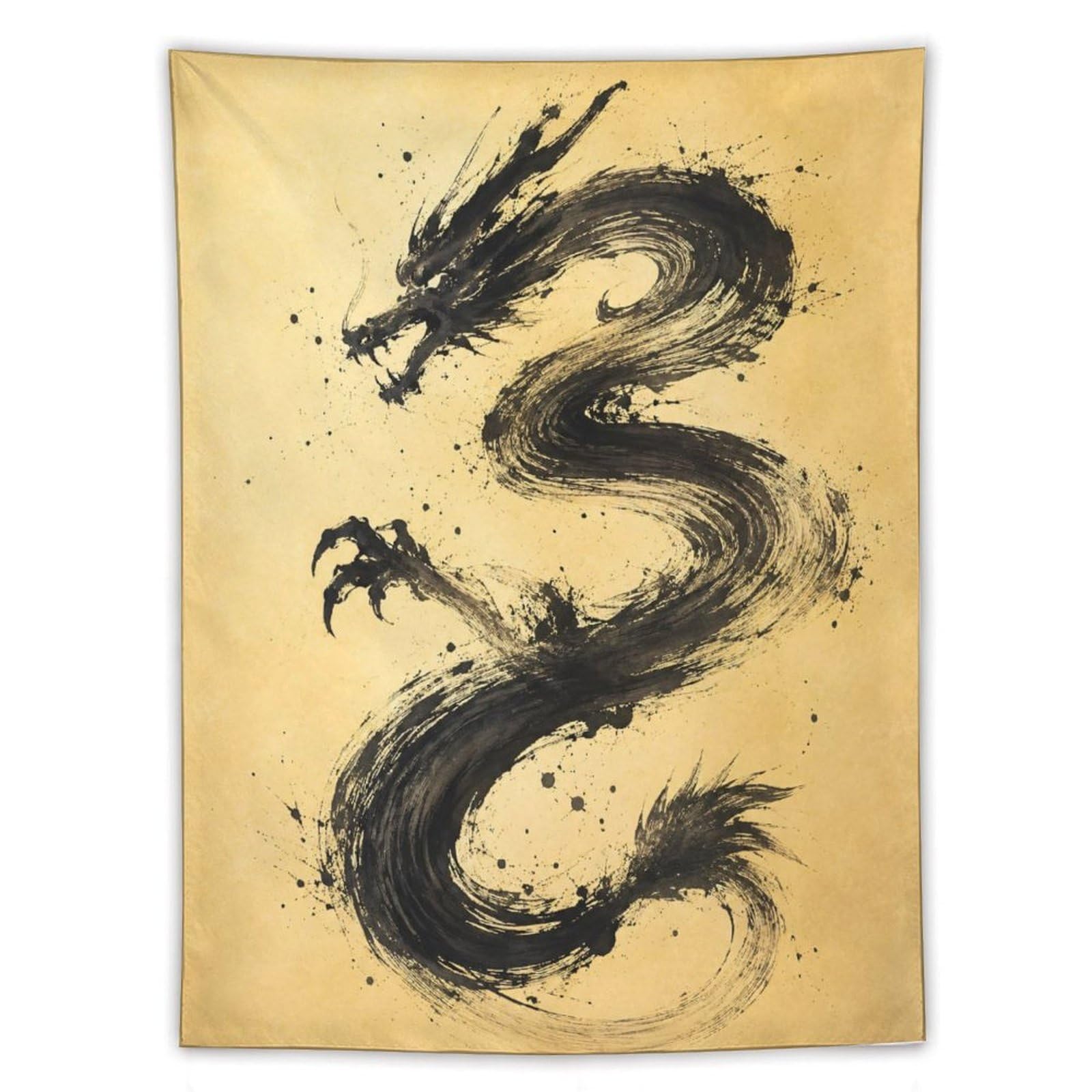 W7C8U2X3 Black Dragon Brushstroke Wall Tapestry, Asian Ink, College Dorm