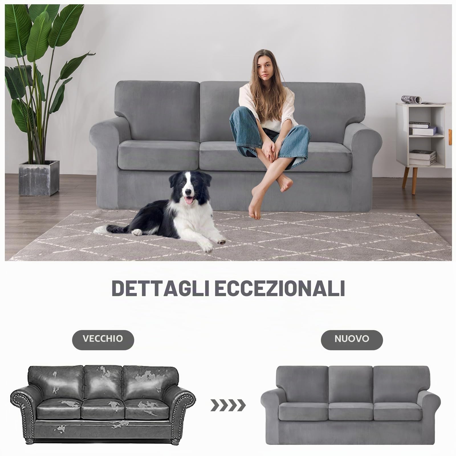 Jianyana Copridivano in Velluto Con Schienali Separati E Cuscini Seduta, Antiscivolo Con Fascia Elastica, Elasticizzato Antimacchia (Grigio Chiaro, 3 Posti) 7 Pezzi