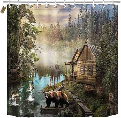 Miniatura 10 de SKAILIÉ Juego de 4 cortinas de ducha de camuflaje de pesca, tablero de madera blanco, cuernos de cabeza de ciervo, caza, vida silvestre, cabaña,