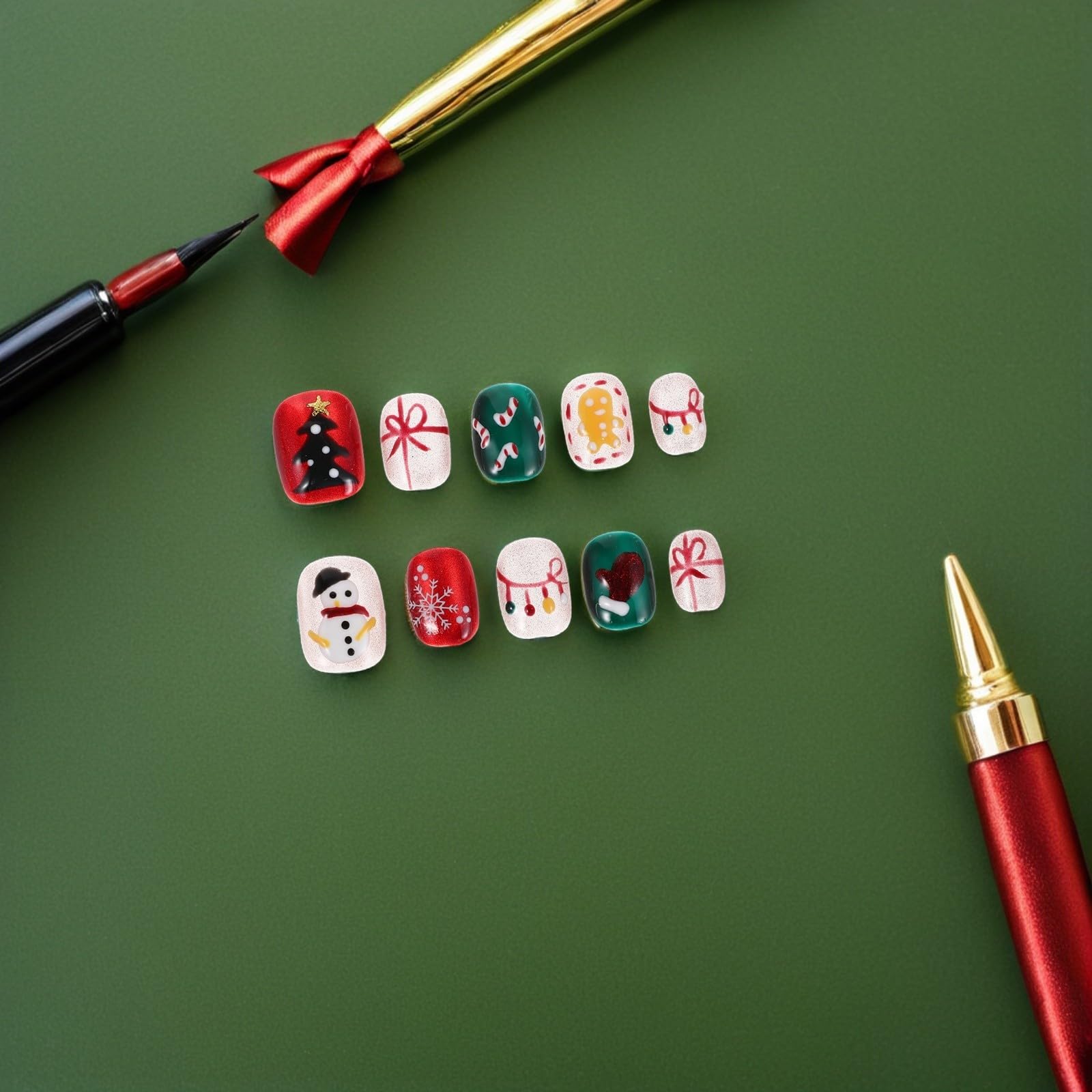 5 Sets Kurze Weihnachtliche Press On Nägel mit Kunststoff, Rund,