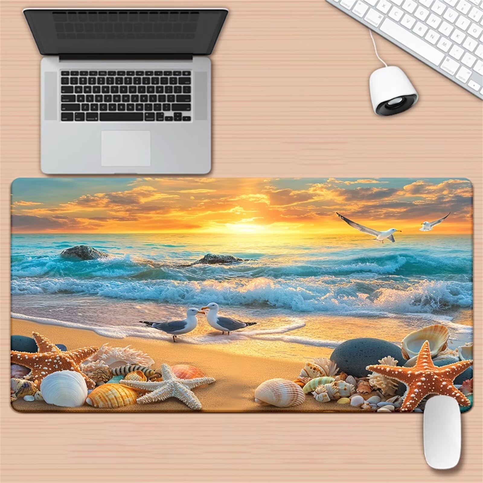 Alfombrilla de Ratón Gaming XXL 1000x500x3mm, Amanecer Gaviotas Olas | Alfombrilla Escritorio Grande Antideslizante, Superficie de Alta Precisión y Velocidad para Teclado, PC y Laptop