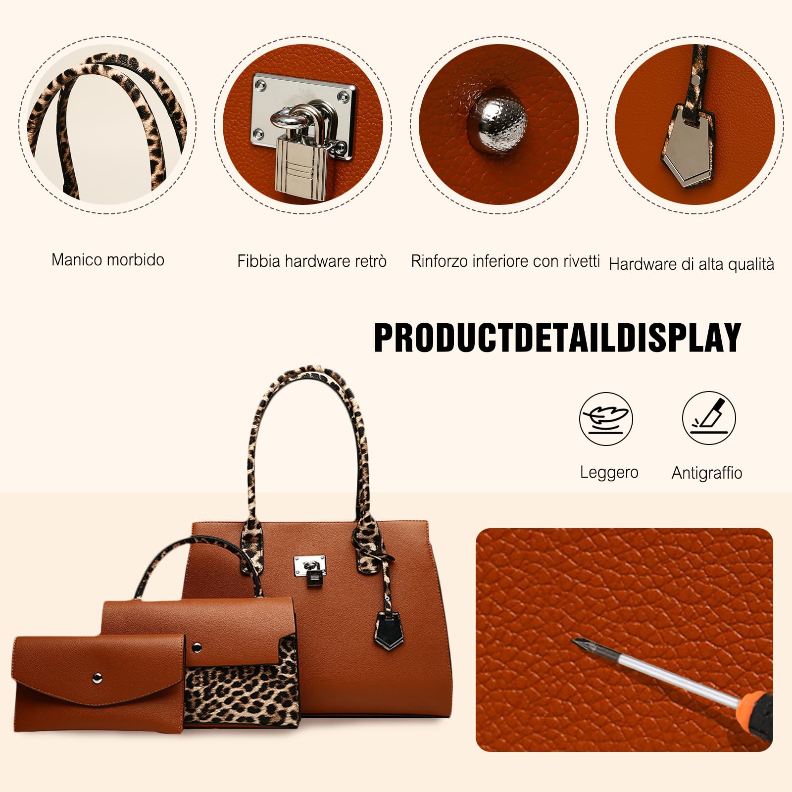 FANDARE 3 pezzi Set Elegante Borsa a Mano Donna PU Pelle Borse tracolla Spalla Leopardato Retrò Borse Tote Pochette Portafoglio Borsa Messenger per Shopping Viaggio Partito Sacchetto Borsetta