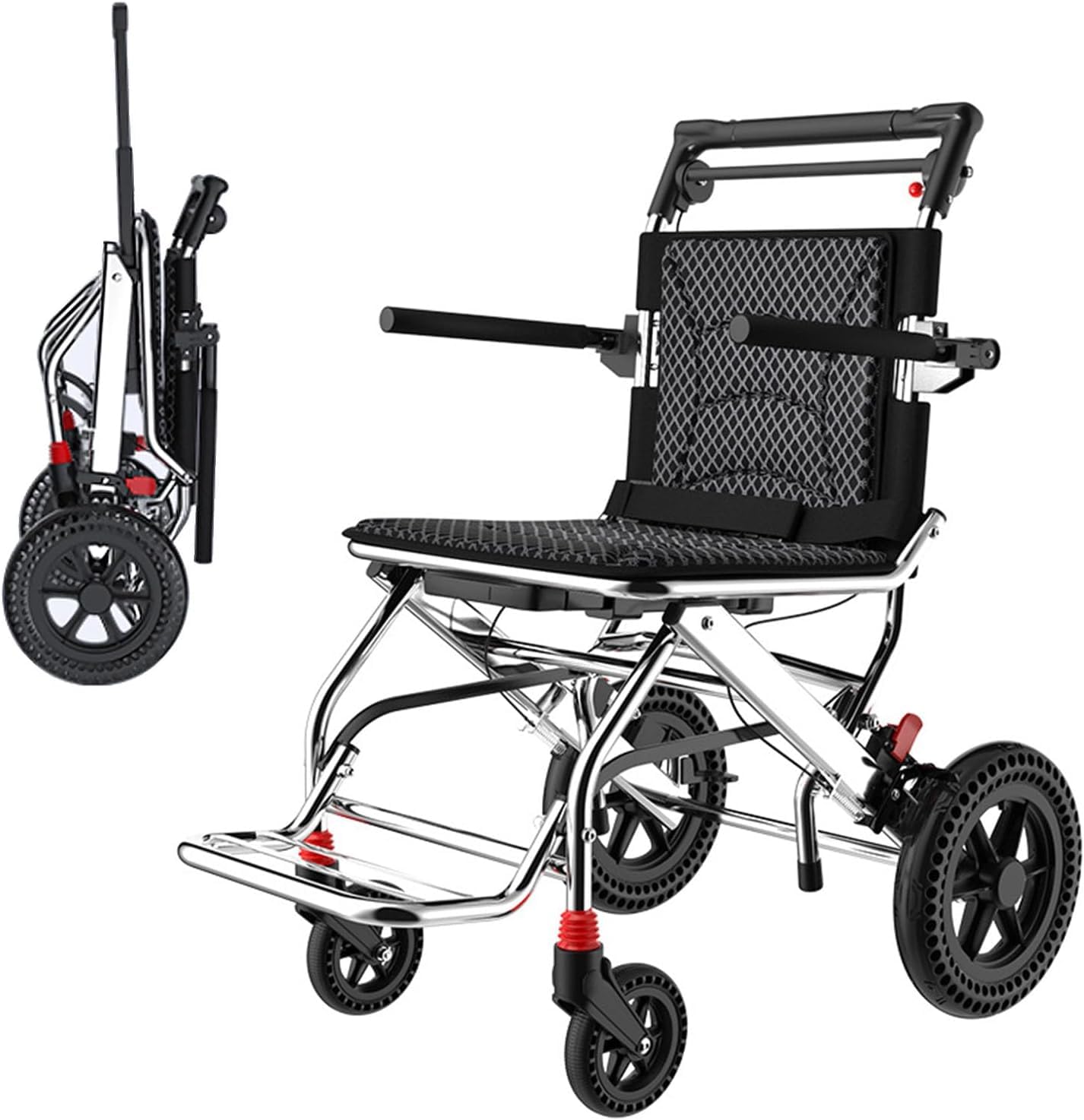 SXSLTSA Lightweight Folding Wheelchair with Hand Brakes - Support 220Lbs, Aluminum Wheelchair for Adults and Seniors - Transport Travelling Wheelchair