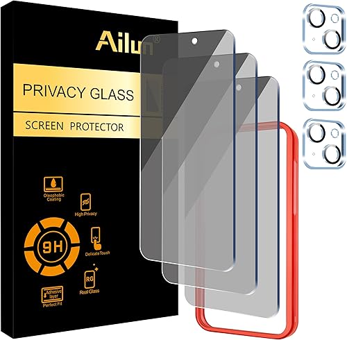 Ailun Paquete de 3 protectores de pantalla de privacidad para iPhone 15 6.1 pulgadas + 3 protectores de lente de cámara con marco de instalación,