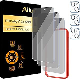 Ailun 3 Pack Privacy Screen Protector for iPhone 15 [6.1 inch] + 3 Pack Camera Lens Protector with Installation Frame, Anti Spy Private Tempered Glass Film, Case Friendly, [9H Hardness] - HD