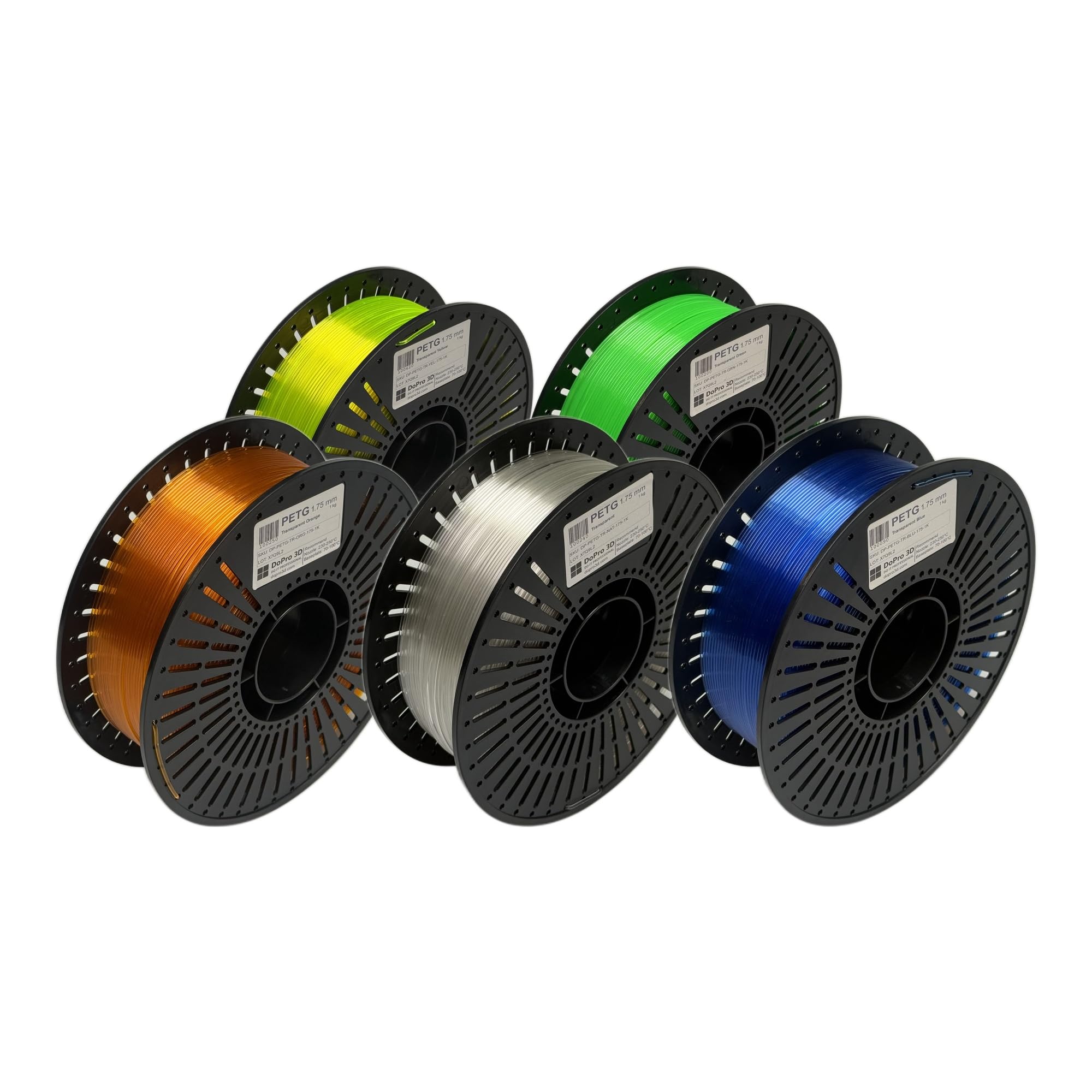 PETG Filament 1,75 mm 5er Set - 5 x 1 kg Transparent Blau Grün Orange Gelb Natur - Maßhaltigkeit ±0,02 mm - wiederbefüllbare Wechselspule