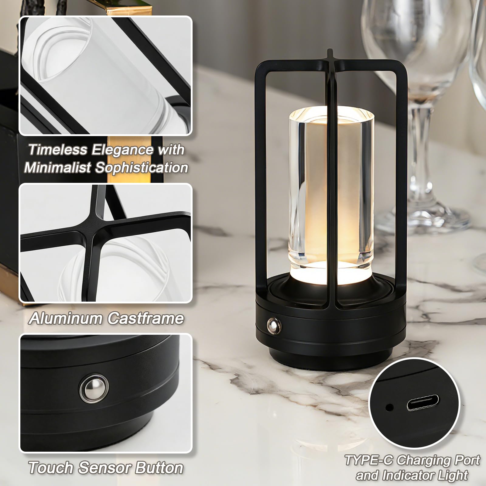 Paquete de 2 lámparas de mesa recargables inalámbricas, 3 colores, atenuación continua de cristal para comedor, sala de estar, bar, cafetería, restaurante, patio, camping (negro)
