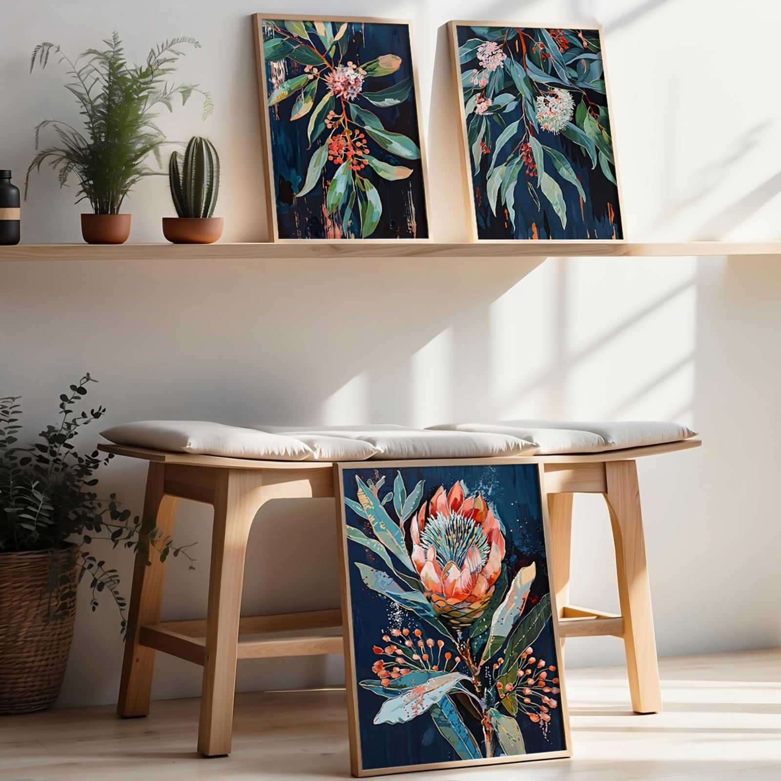 ZBELLO 3pcs/set Canvas Posters, 2D Flat, Abstract Protea & Eucalyptus Wall Art, Flower Posters, Vintage Interior Wall Art, for Living Rooms, Bedrooms, Frameless (21x30cm)